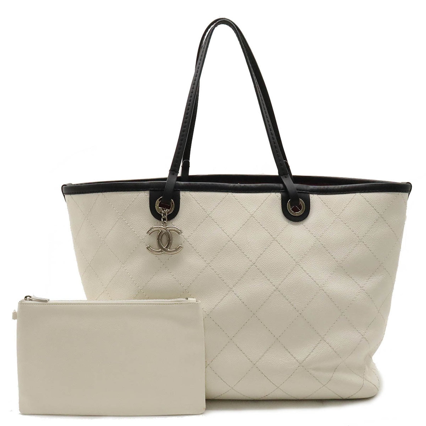 CHANEL On the Road Wild Stitch Coco Mark Tote Bag Shoulder Caviar Skin White Black