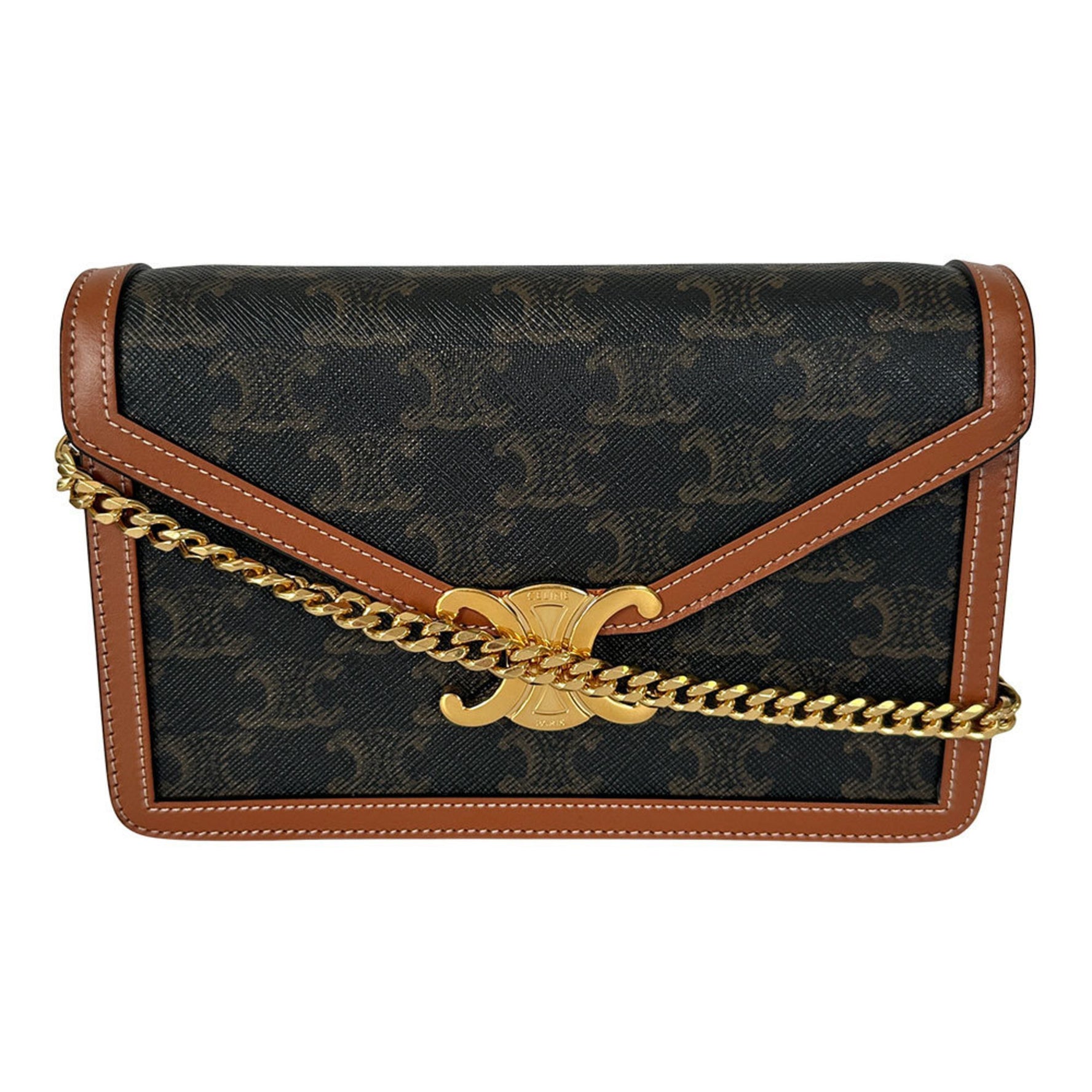 Celine Triomphe shoulder bag, dark brown, compact mini with logo and perfume included.