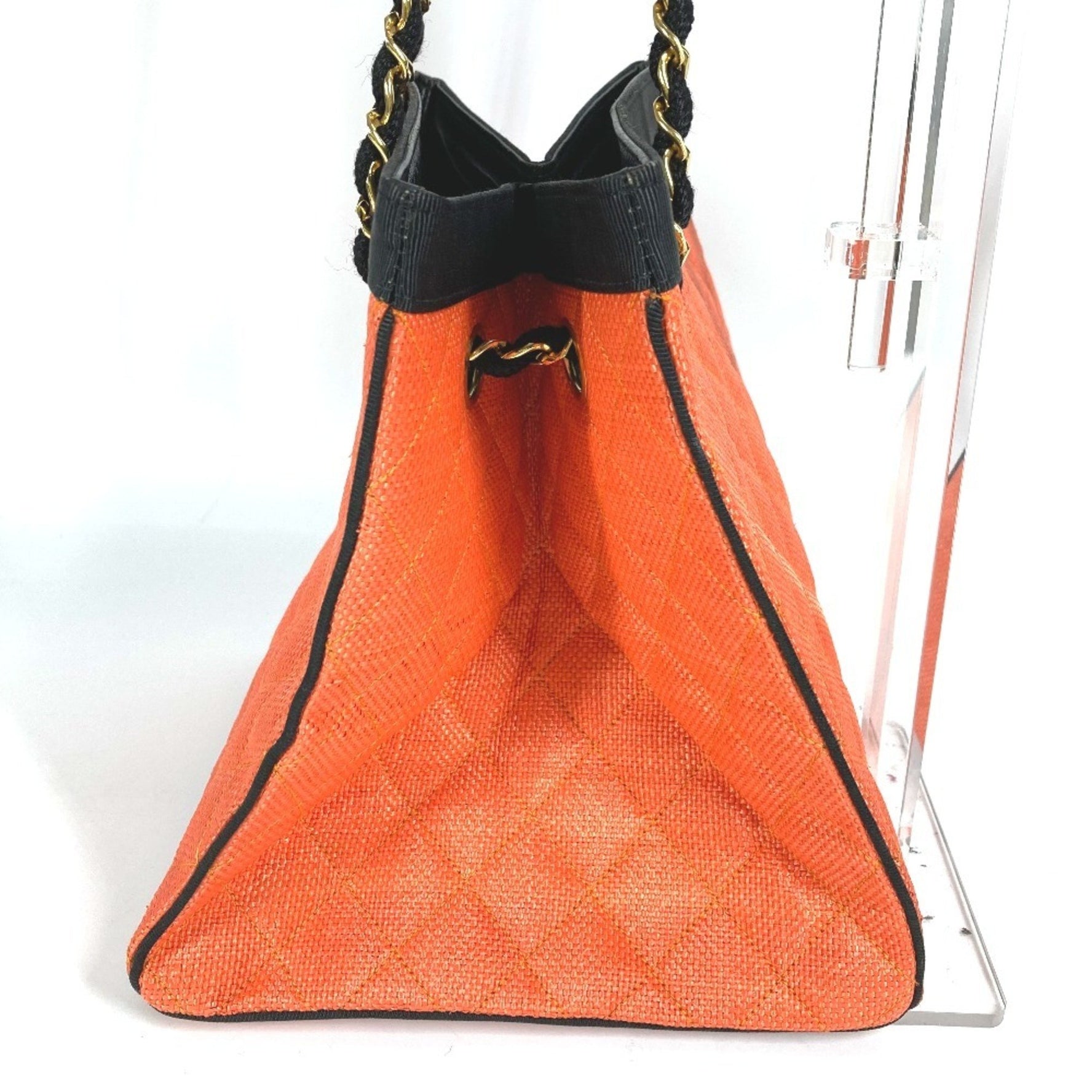 CHANEL Matelasse Quilted Double Chain Tote Bag, Two-Tone Straw/Leather Shoulder Orange