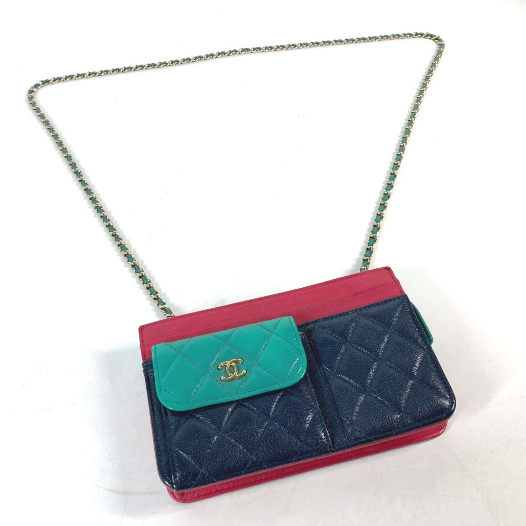 CHANEL 2020 Cruise Tricolor Chain Wallet CC Coco Mark Bag Shoulder Crossbody Pochette Long Caviar Skin Navy