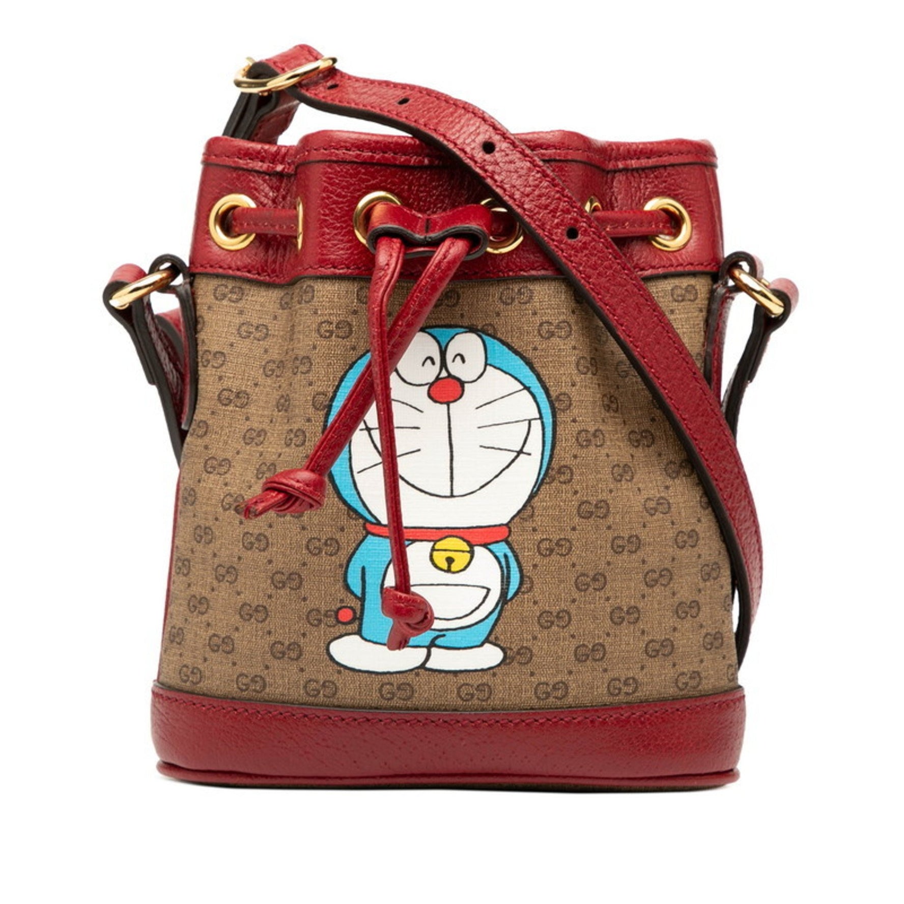 Gucci x Doraemon Micro GG Supreme Mini Bucket Bag Shoulder Brown and Red Leather