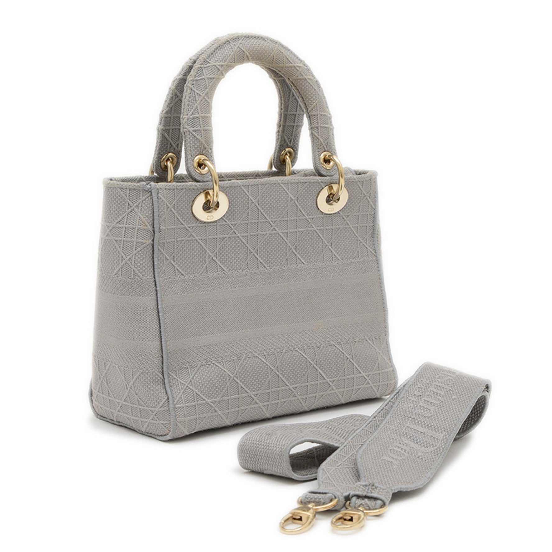 Christian Dior Dior Lady D-LITE Medium 2WAY Bag Handbag Canvas Grey Gold Hardware BP