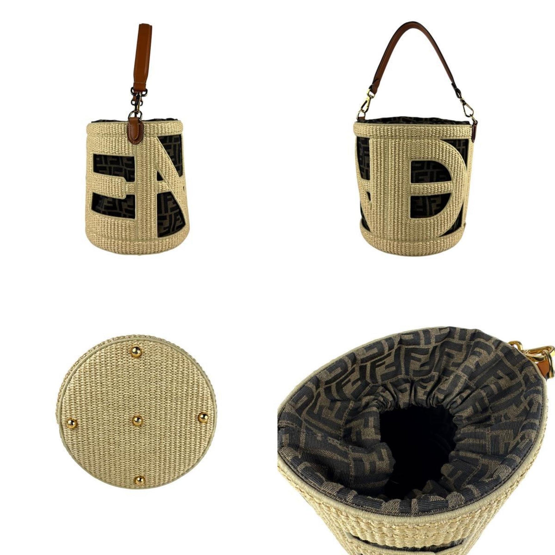 FENDI Step Out Medium Bucket Bag in Nylon Canvas and Raffia with Natural Finish