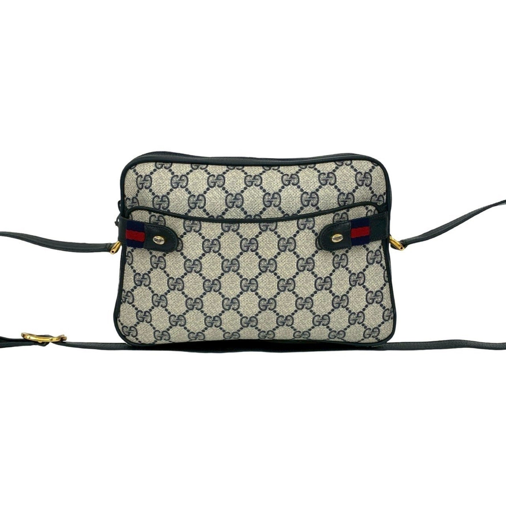 GUCCI Old Sherry Line GG Logo Hardware Leather Shoulder Bag Navy