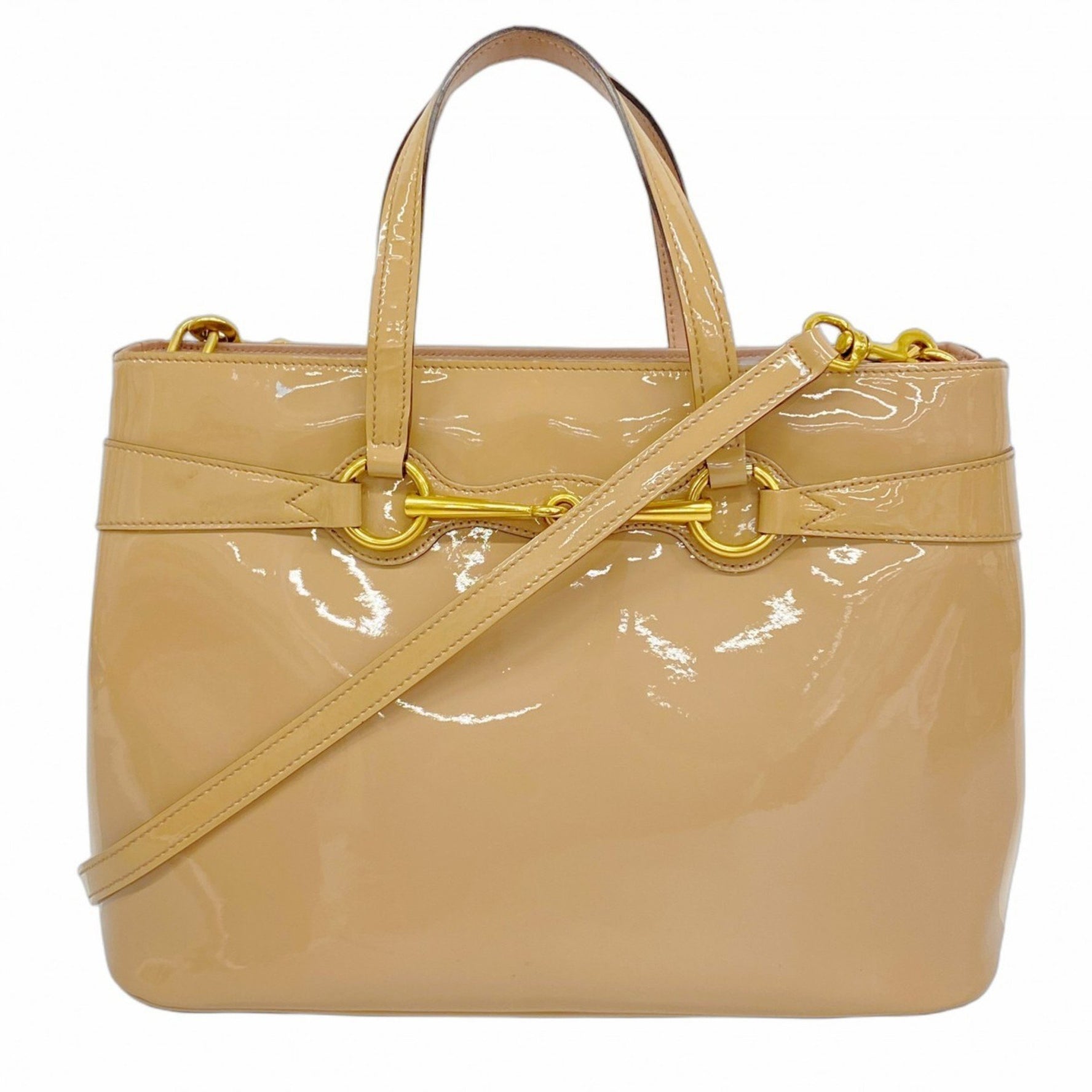 Gucci Horsebit Handbag Enamel Light Brown Women's