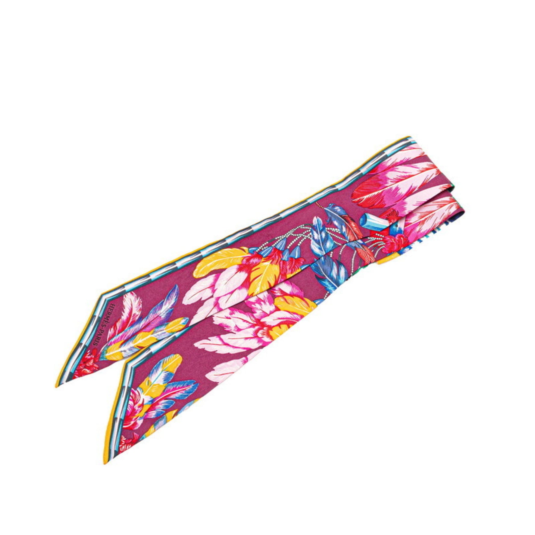 Hermes Twilly Brazil Feather Scarf Muffler Orange Multicolor Silk