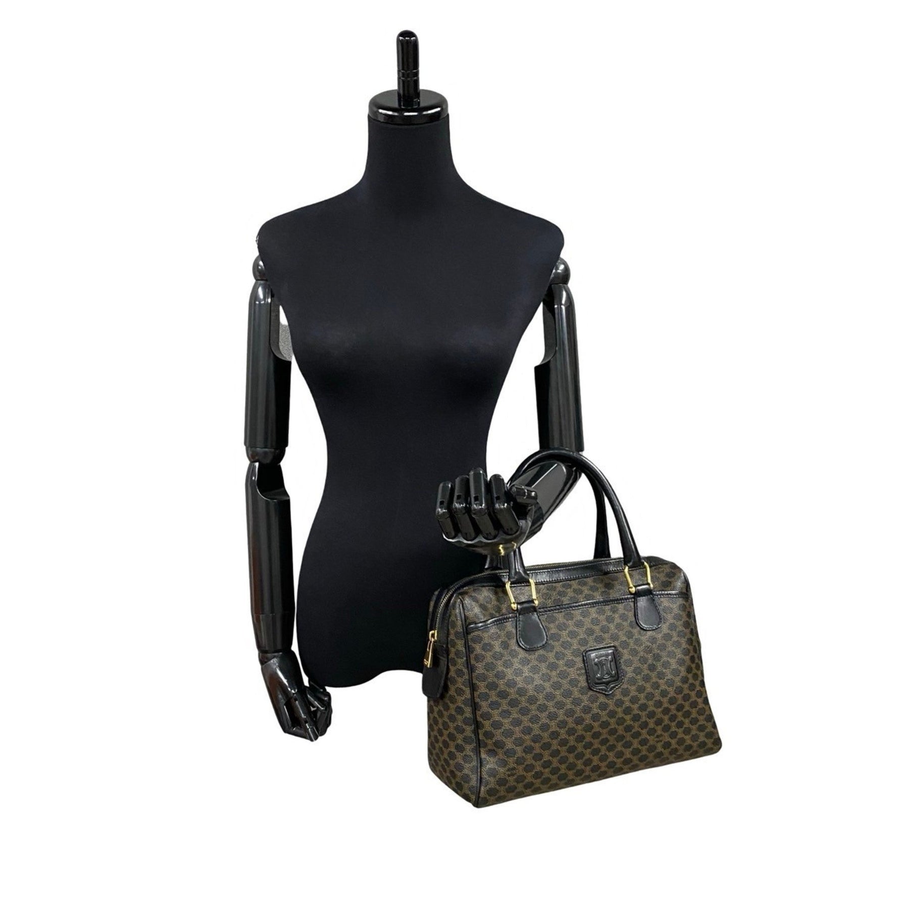 CELINE Macadam Blason Triomphe Leather Handbag/Mini Boston Bag, Brown
