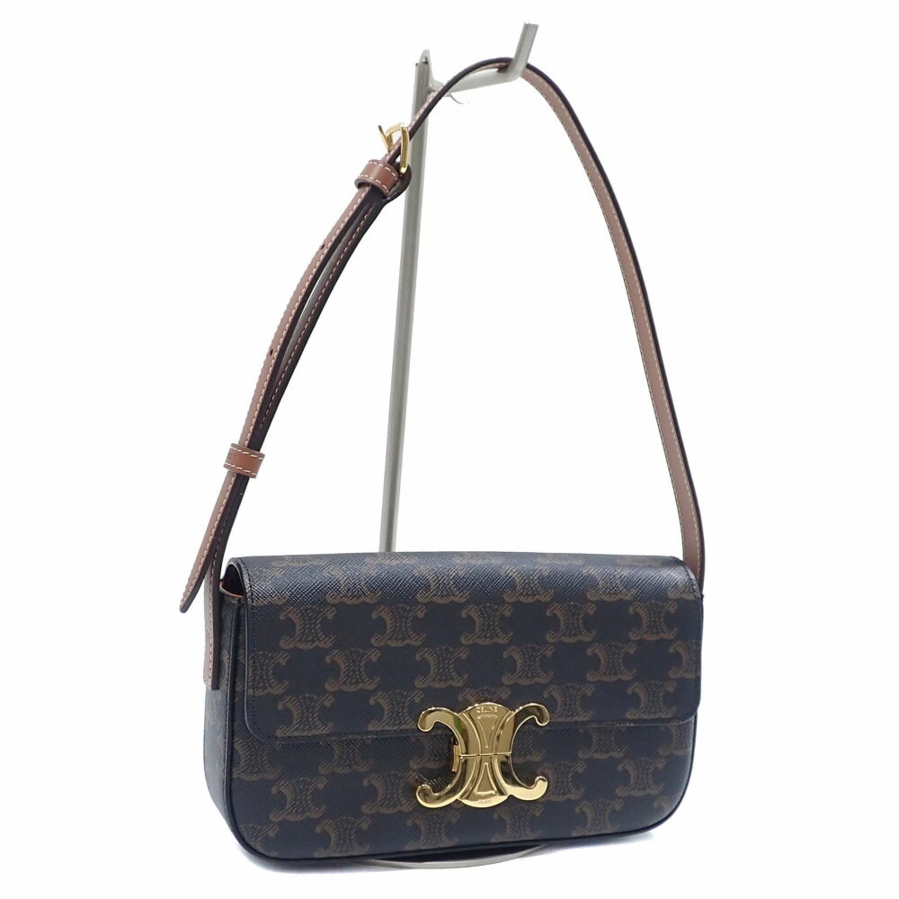 Celine Claude Shoulder Bag Tan and Triomphe Canvas Calfskin