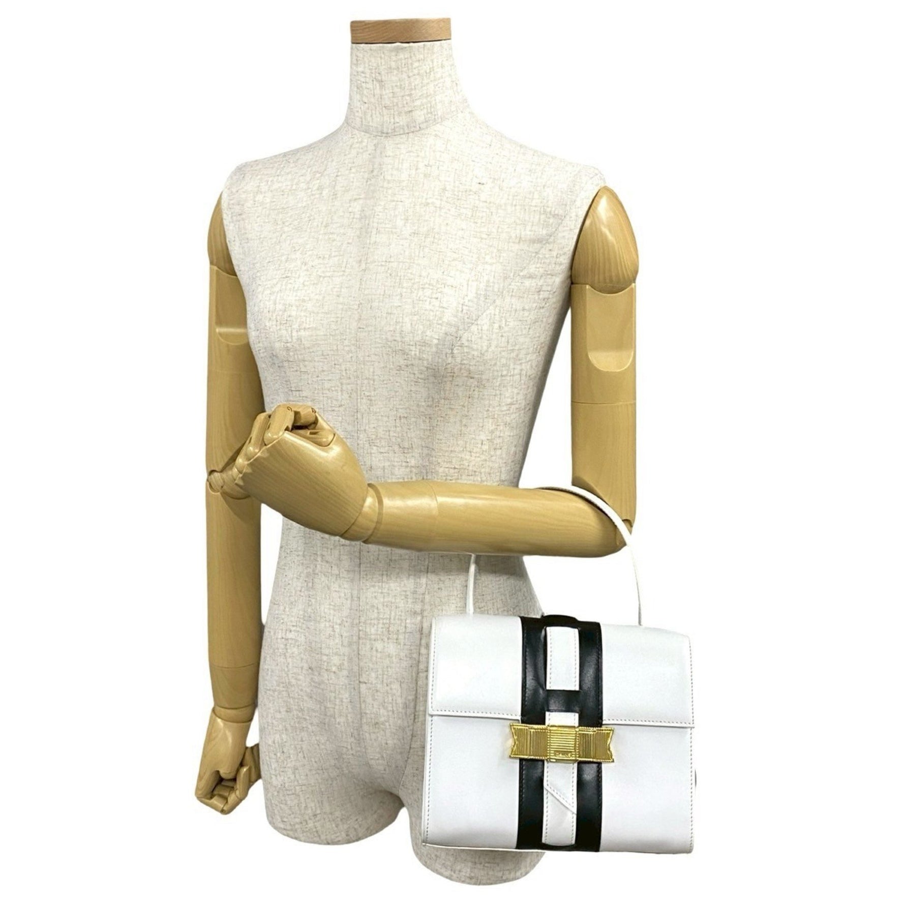 CELINE Logo Ribbon Hardware Leather Genuine Handbag Mini Tote Bag White Black