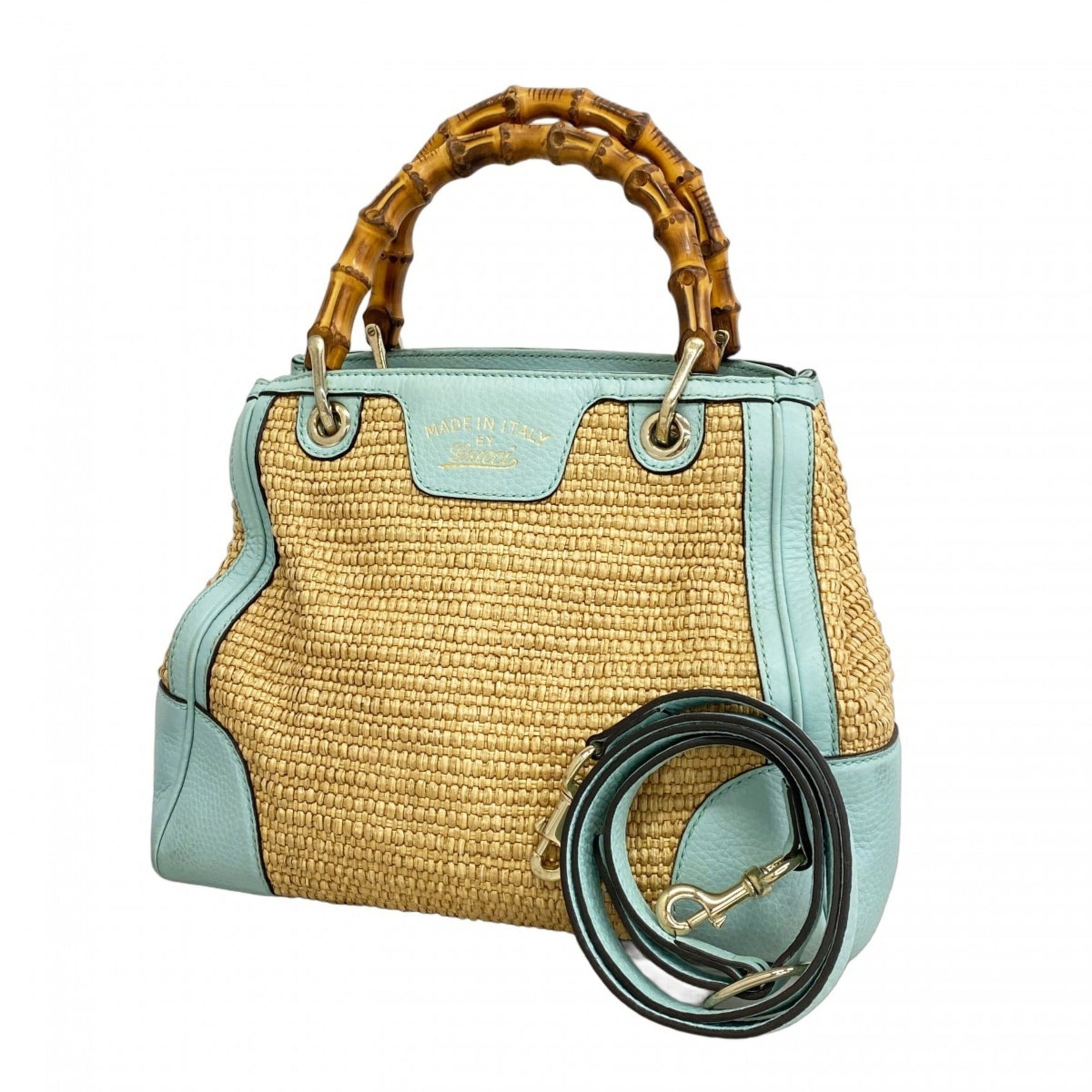 Gucci Handbag Straw Beige Blue Champagne Bag