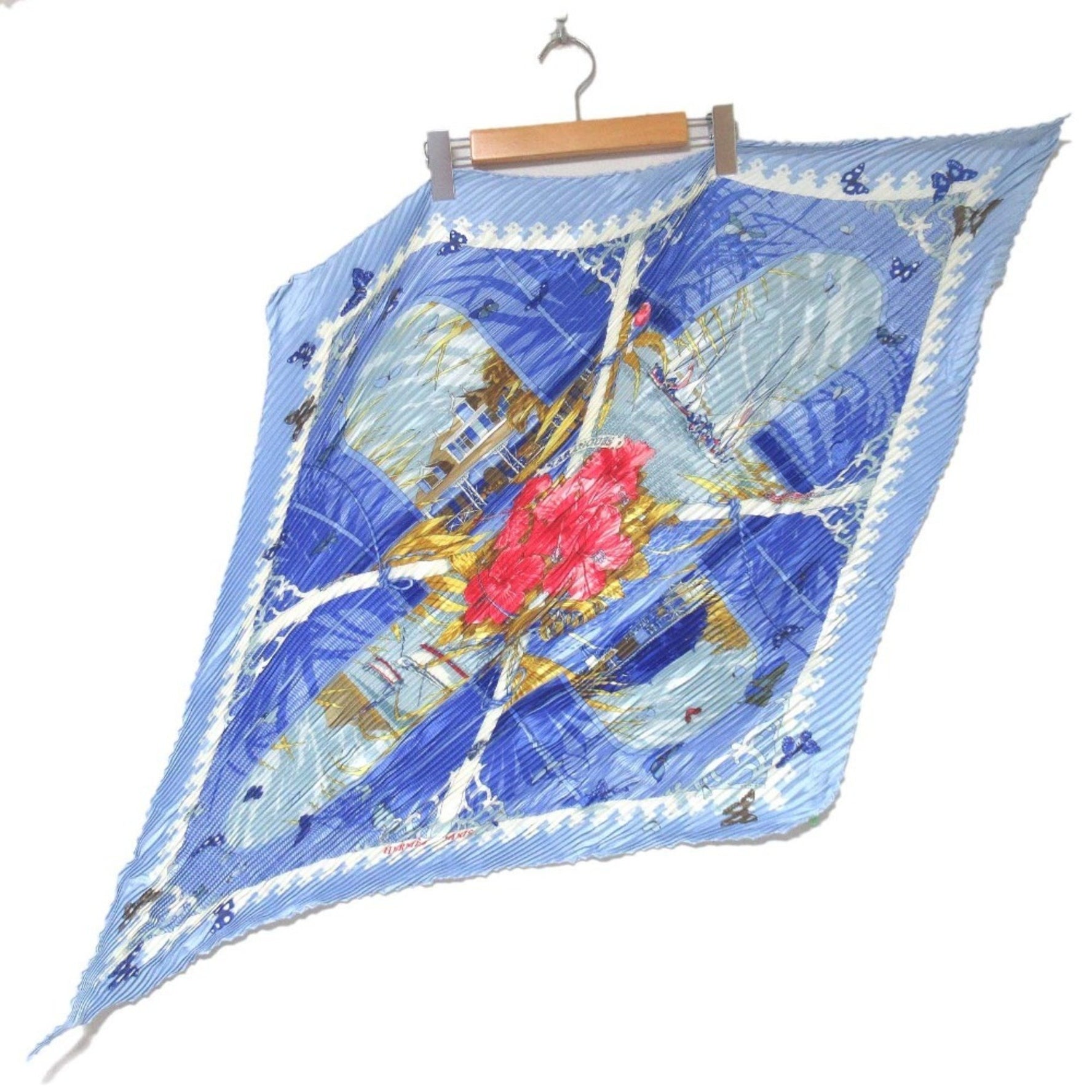 HERMES VARANGUES Veranda Pleated Carré Silk Scarf/Muffler Blue Women's