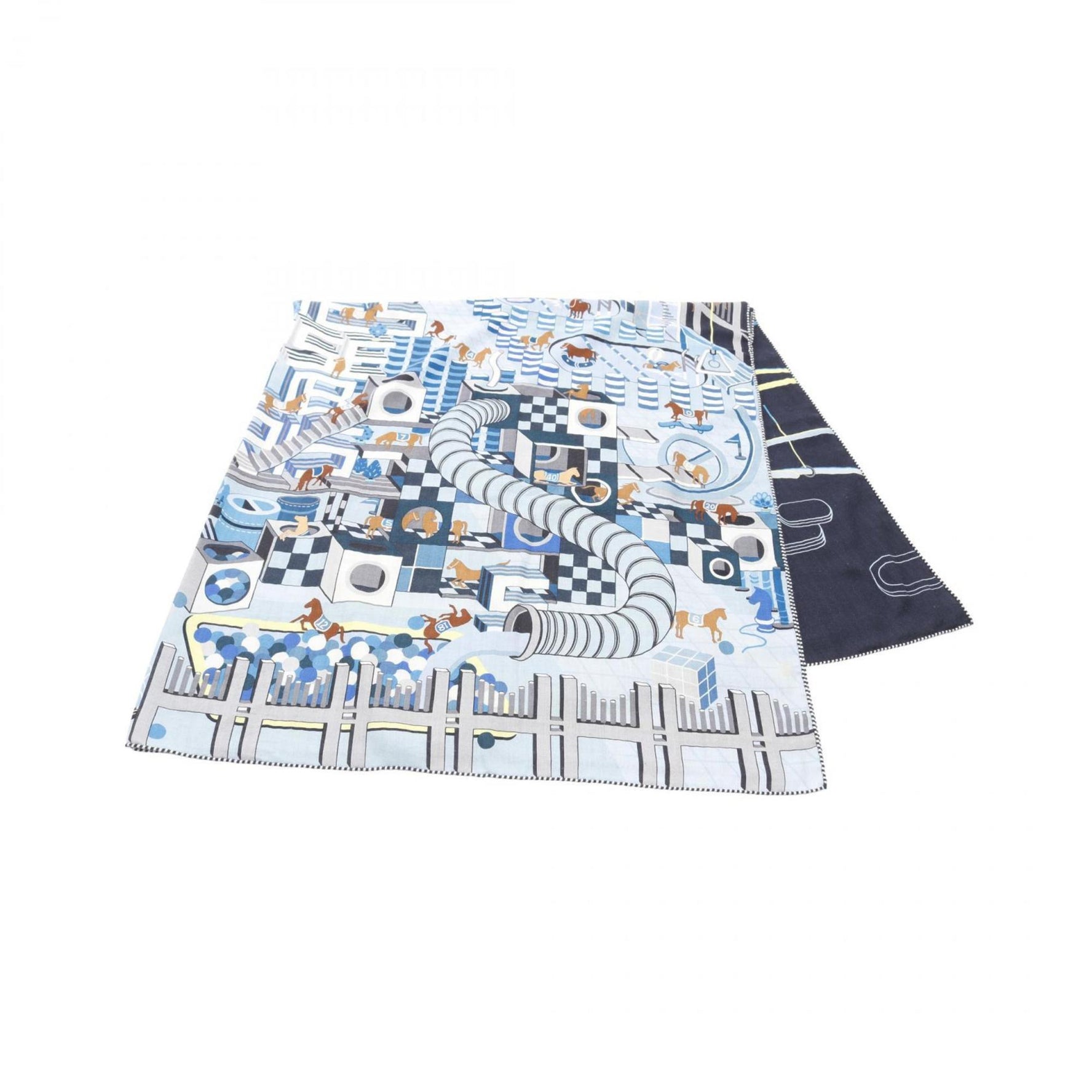 Hermes Carre Gean 140 HORSE CLUB Scarf Silk Cashmere Navy Blue Multicolor