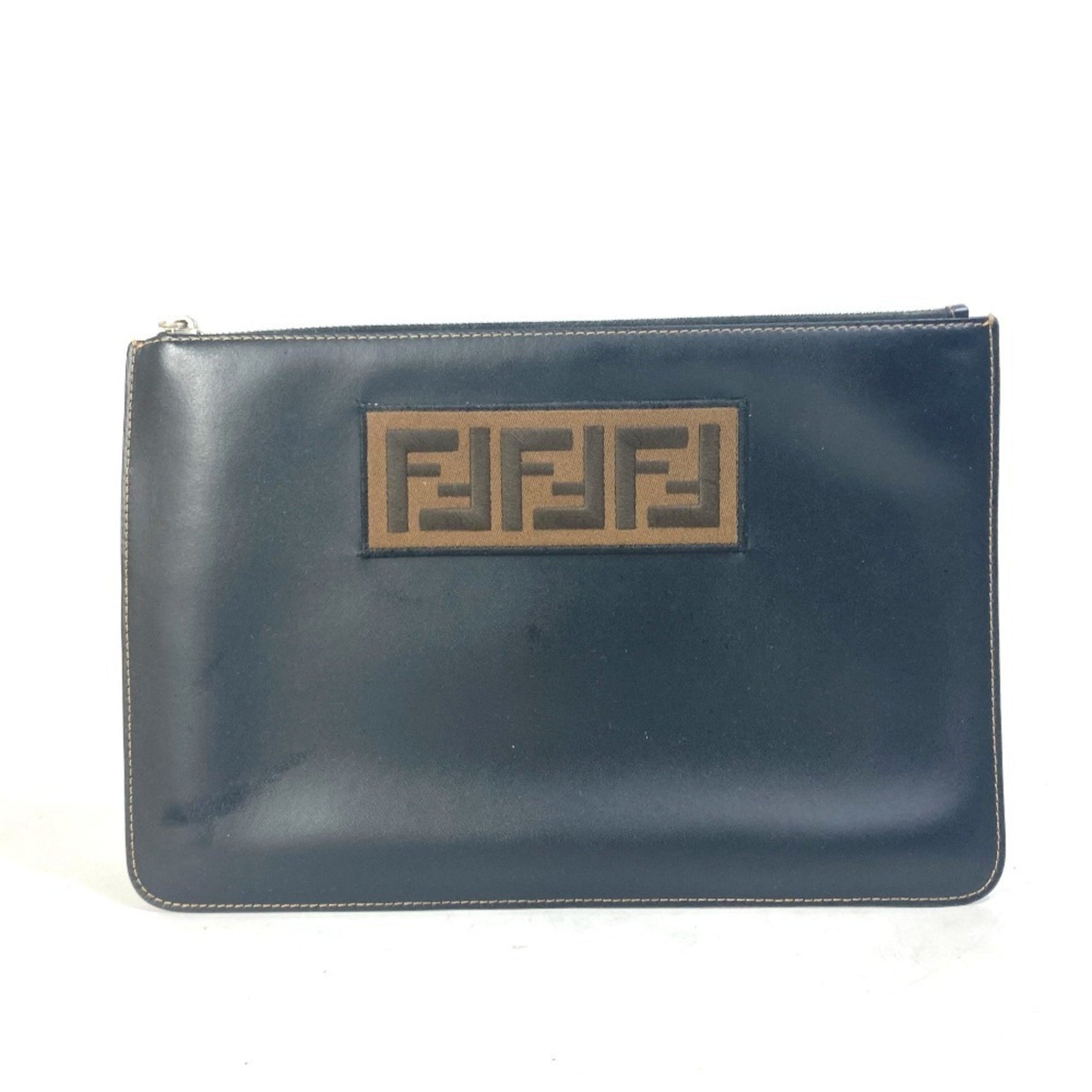 FENDI Zucca Logo Pouch Clutch Bag in Black Leather