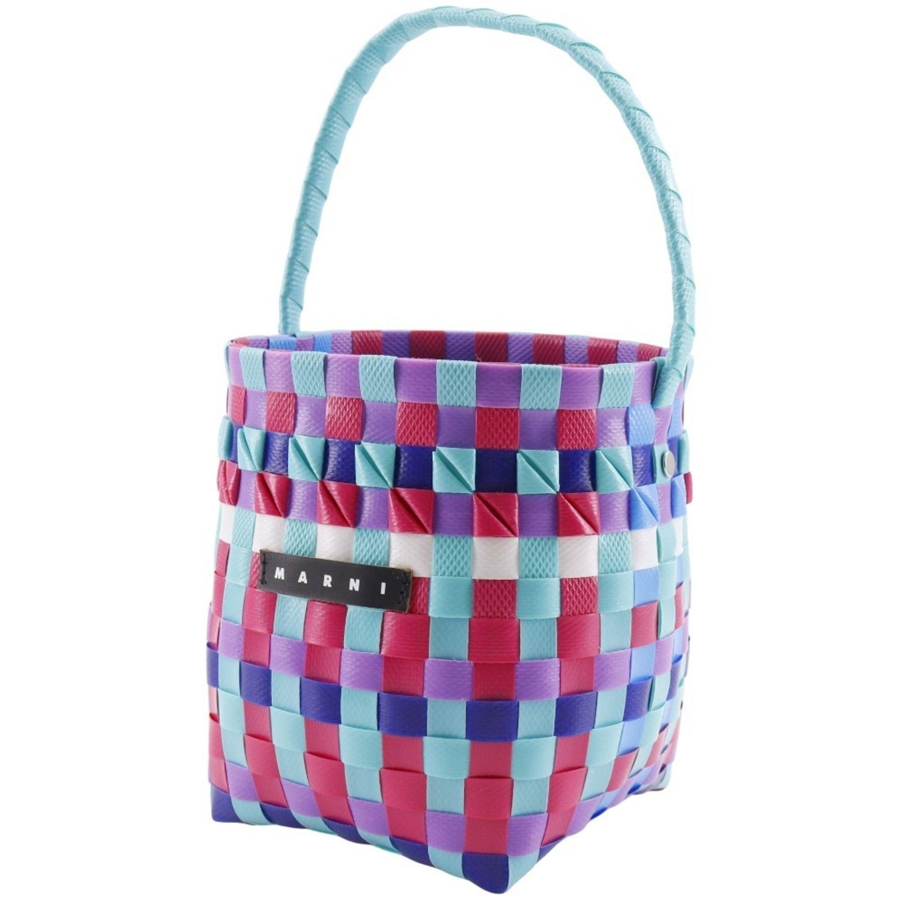 MARNI Pod Woven Bucket Handbag with One Handle, Polypropylene, Blue/Multicolor, Open