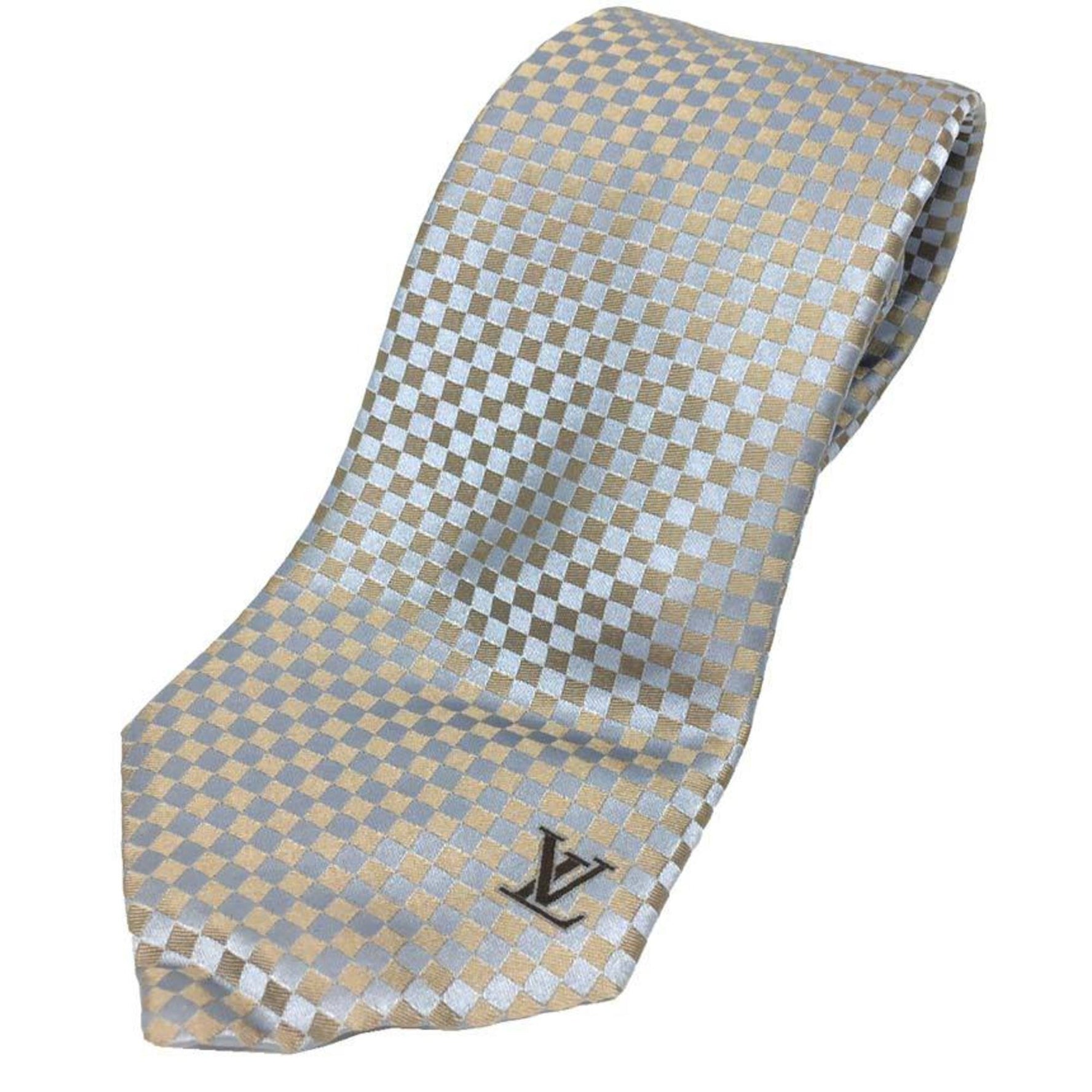 Louis Vuitton Cravate Petit Damier Tie Blue Gray 100% Silk