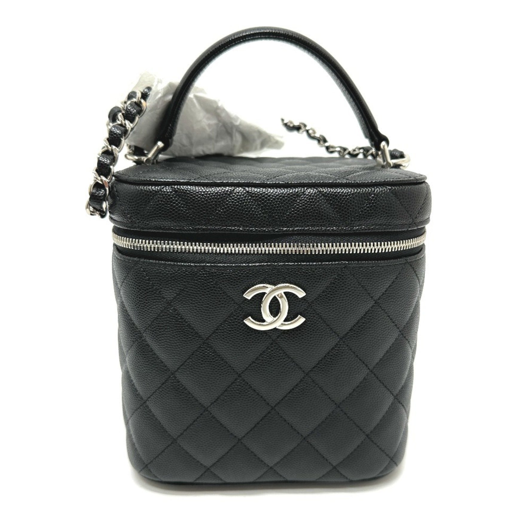 CHANEL Coco Mark CC Matelasse Quilted Chain Bag Vanity Caviar Skin Silver Hardware