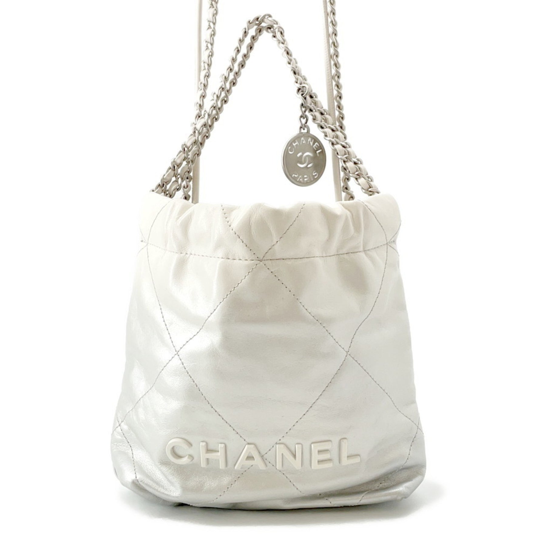 CHANEL 22 Mini Handbag with Coco Mark, Shiny Calfskin Leather, White