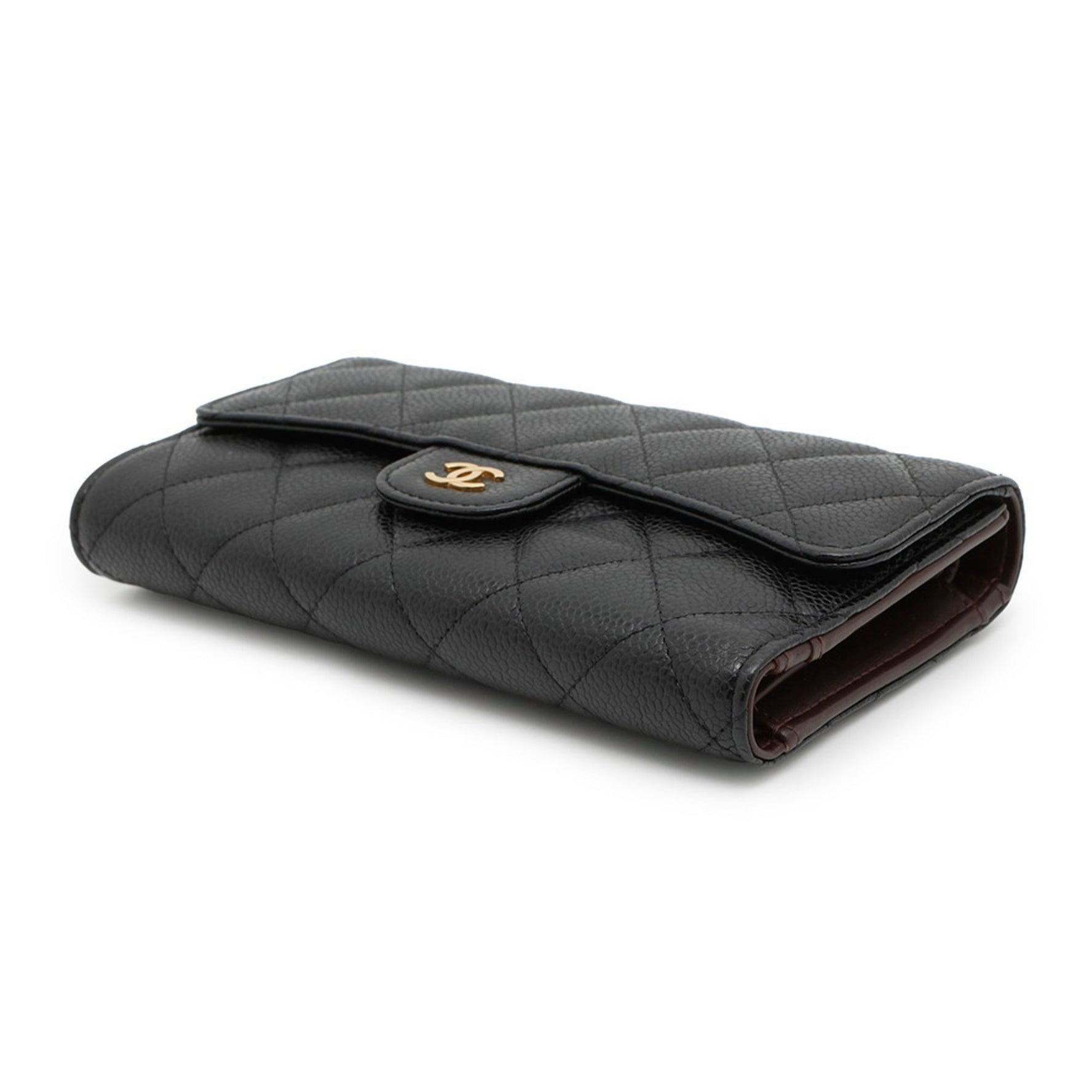 CHANEL Classic Long Flap Wallet with Matelasse Coco Mark and Caviar Skin, Black Tri-fold