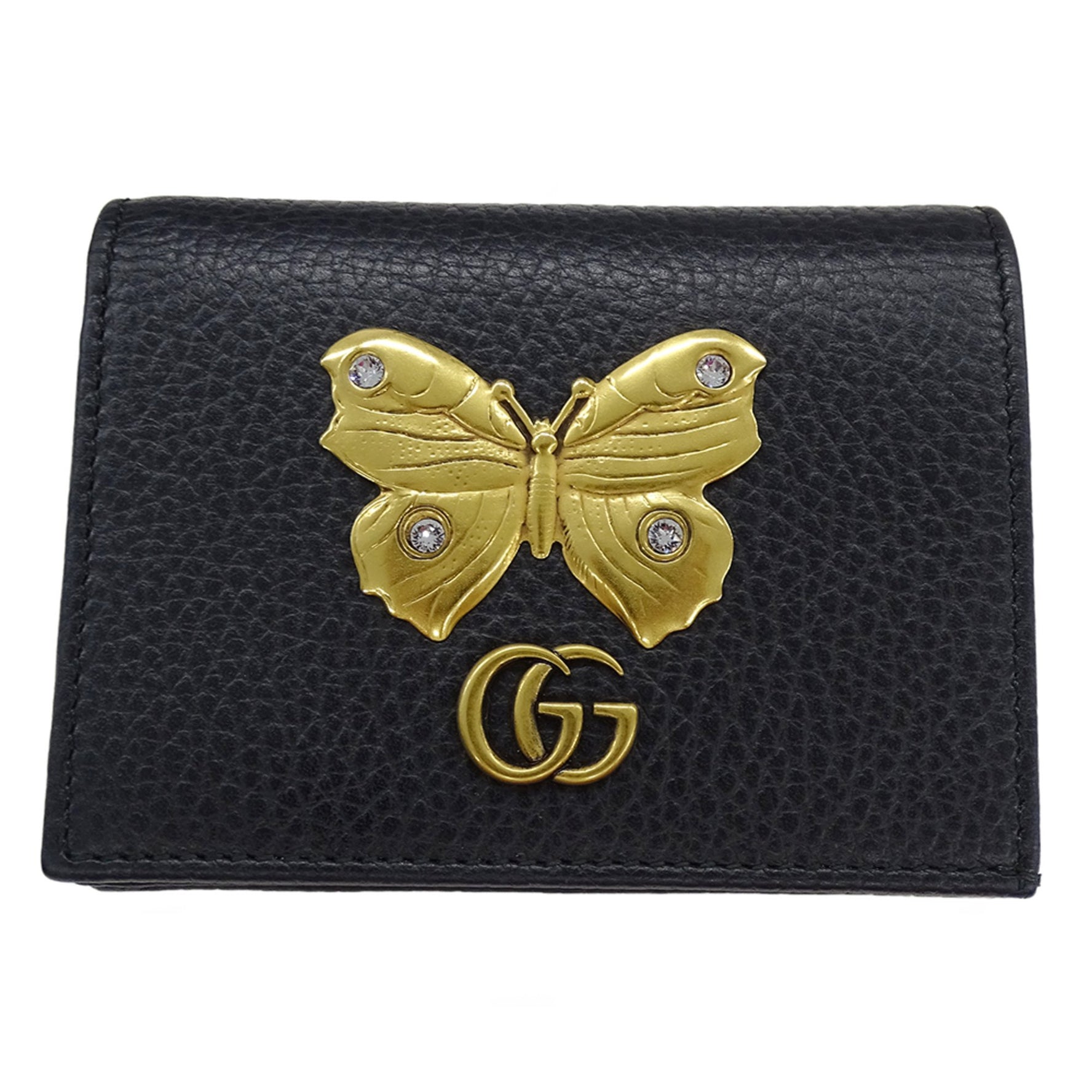 Gucci Bifold Leather Wallet with Stone and Marmont Butterfly Design in Gold Hardware, Compact
