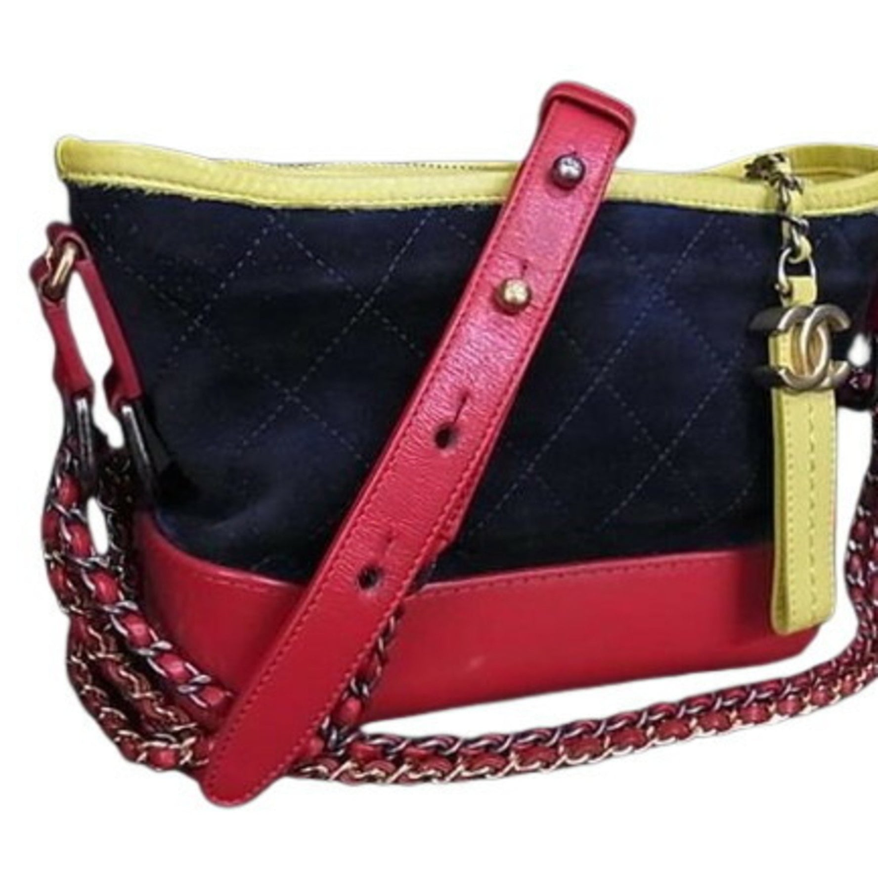 CHANEL Gabrielle de Small Hobo Shoulder Bag Navy, Yellow, Red Suede Leather, Coco Mark Chain