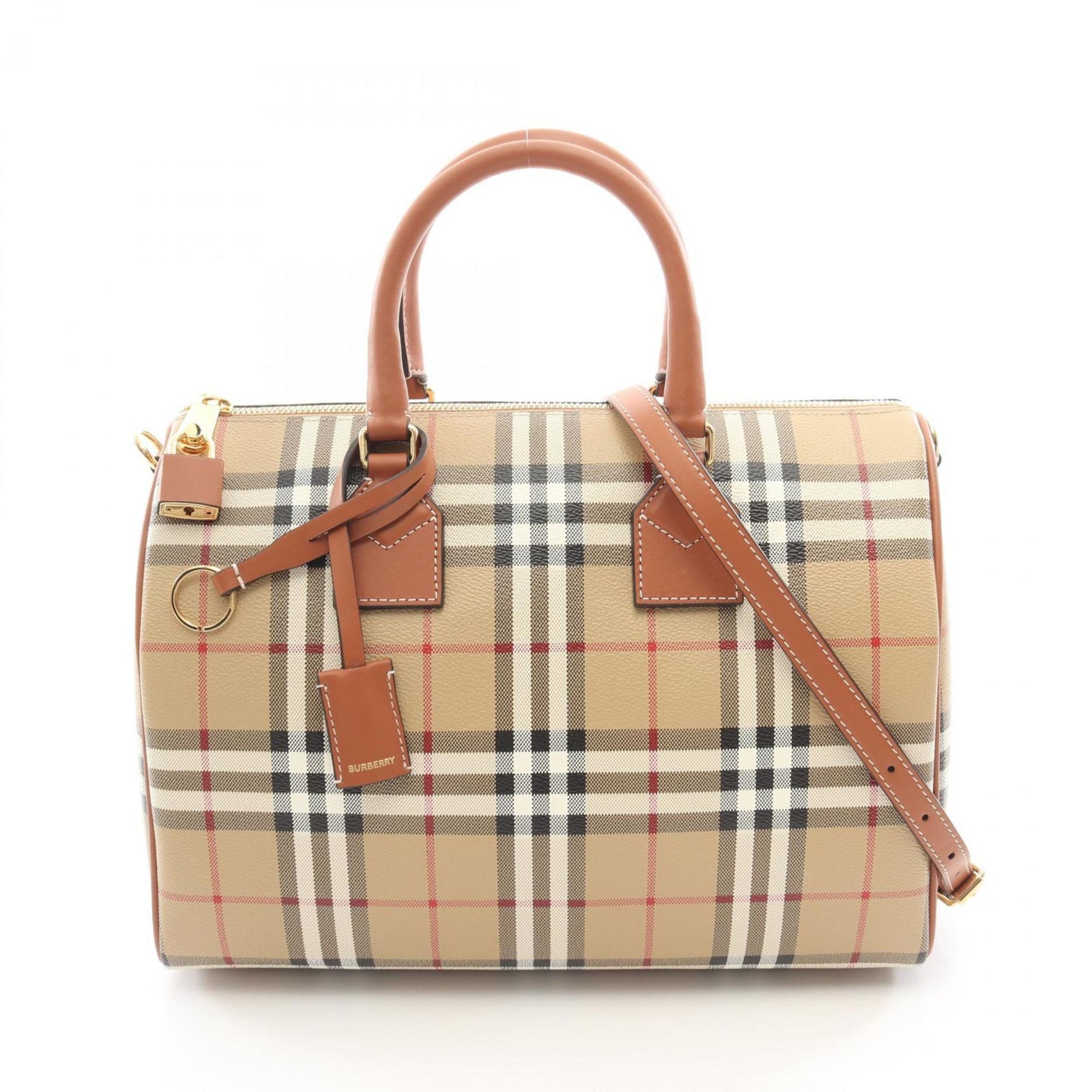 Burberry Check Handbag Leather Coated Canvas Women's Beige Brown