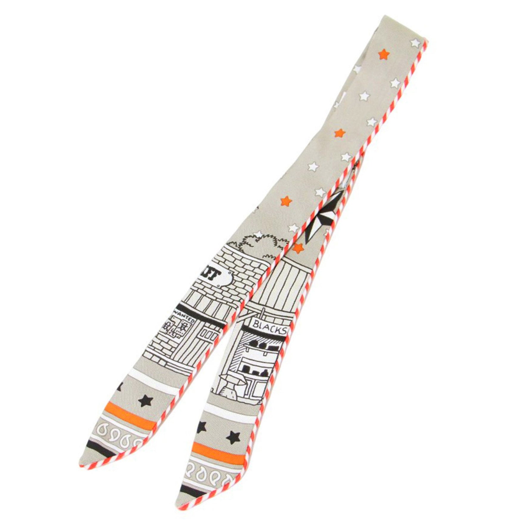 HERMES Twilly Doll Candy Paris Station Silk Scarf Muffler Ribbon Gray Orange