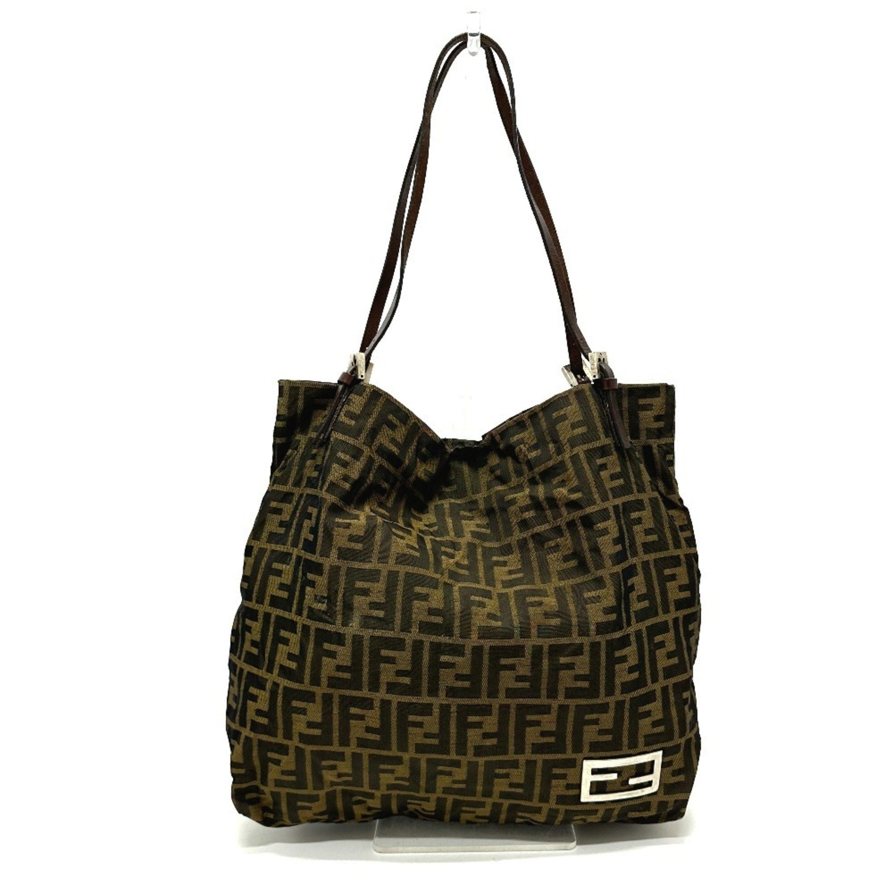 FENDI Zucca print handbag with logo hardware, all-over tote bag in canvas/leather