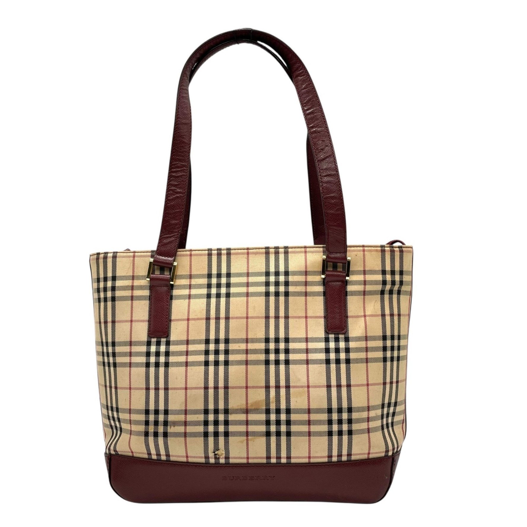 Burberry Nova Check Handbag Tote Bag, Beige/Bordeaux Canvas/Leather with Gold Hardware and Logo Embossing