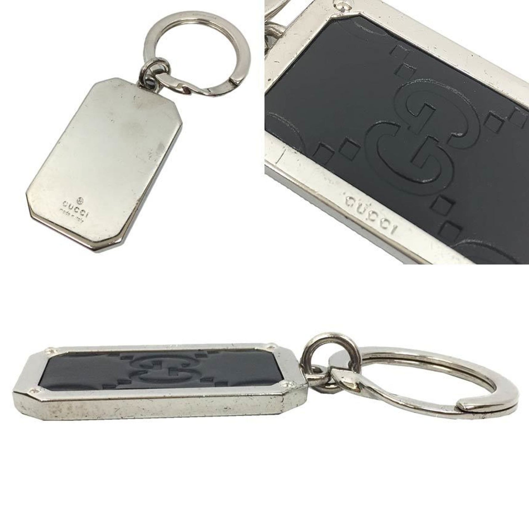 GUCCI Guccissima Key Ring Holder Leather x Metal Black Silver Men's Unisex