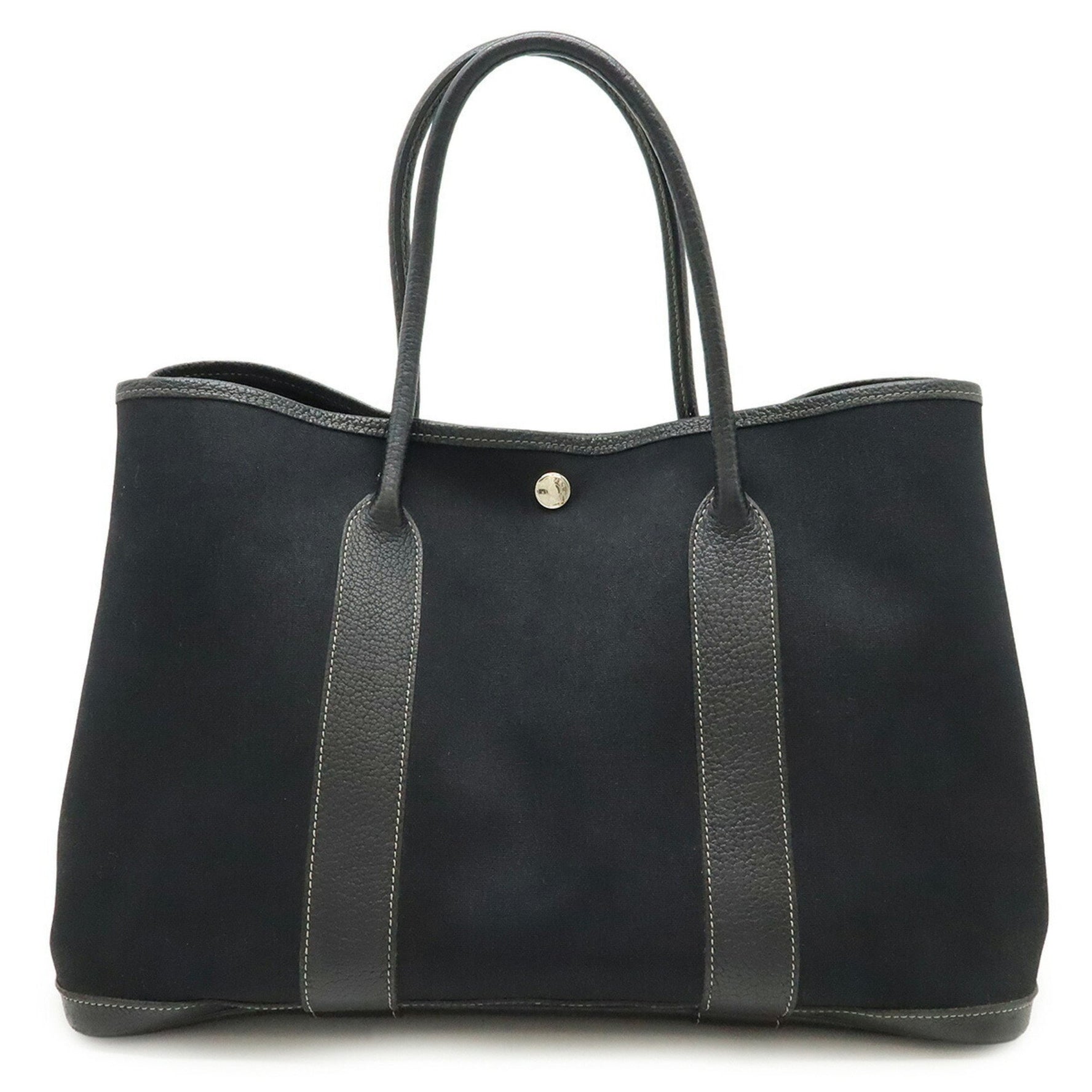 HERMES Garden PM Tote Bag Handbag Toile Officier Canvas Leather Black