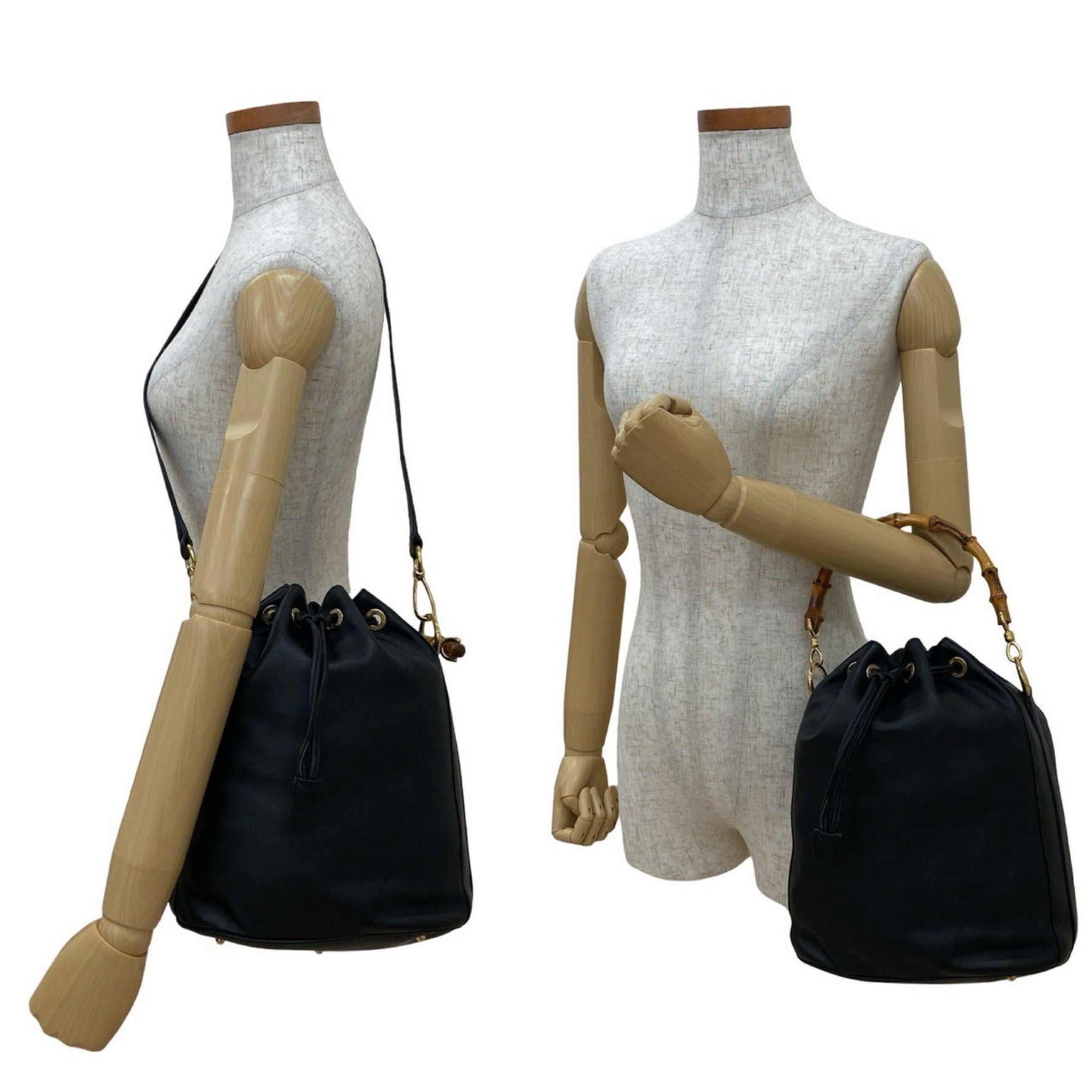 GUCCI Old Gucci Bamboo Leather Genuine Drawstring 2-Way Handbag/Shoulder Bag Black
