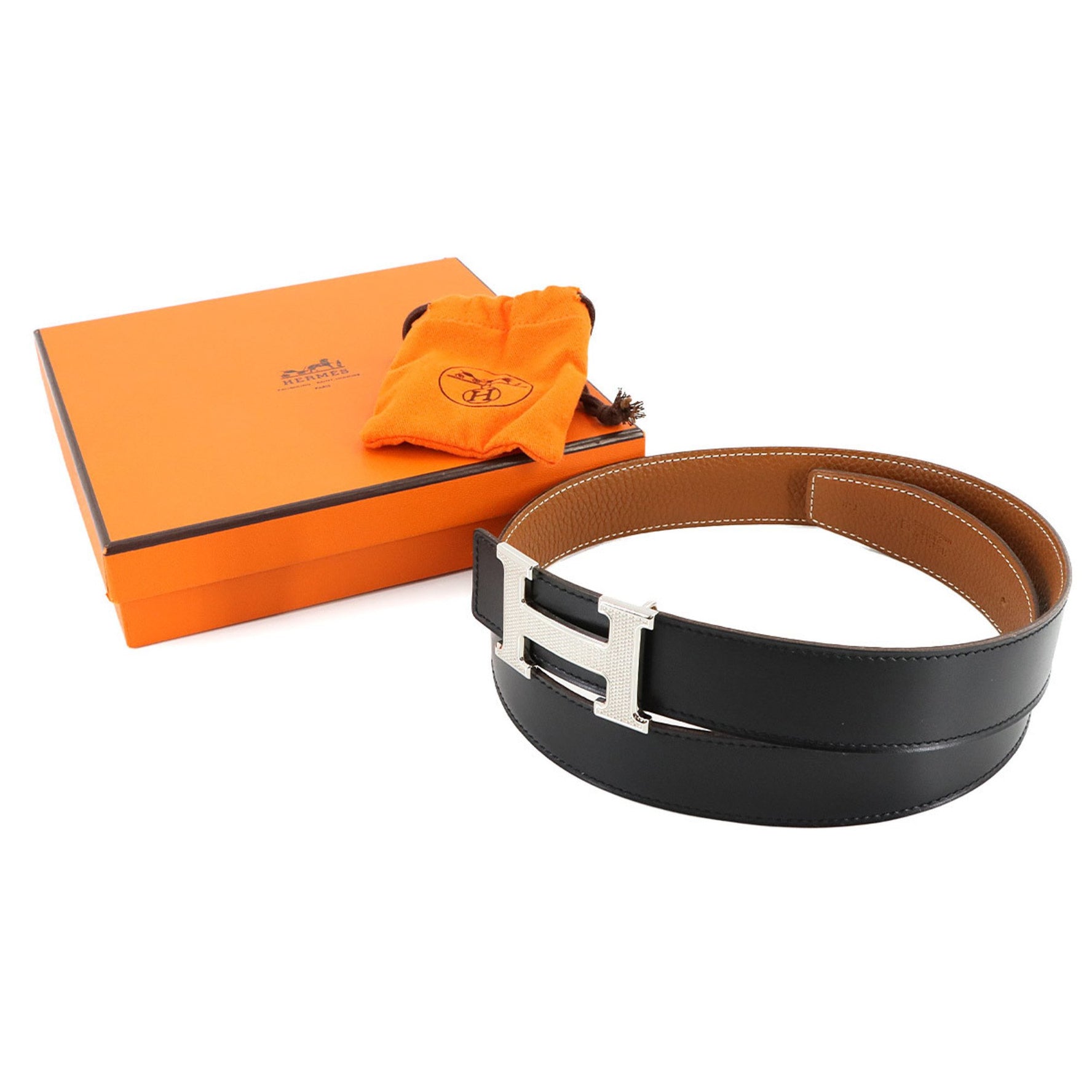 Hermes Hermès Constance H Belt, reversible, box calf leather, Togo black and gold, size 75, with guilloche detailing.