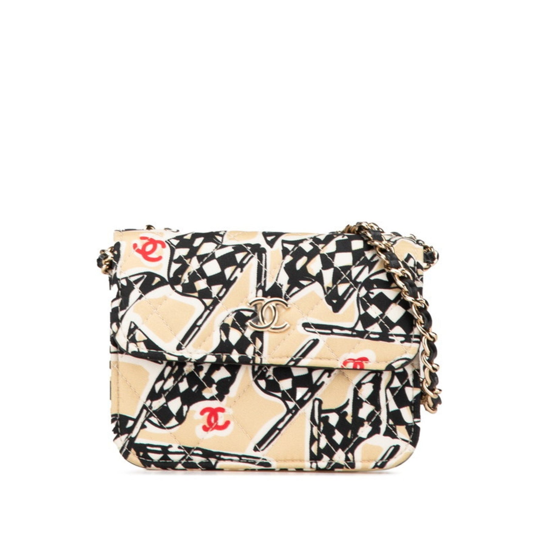 CHANEL Matelasse Checkered Flag Coco Mark Mini Crossbody Chain Shoulder Bag in Beige and Black Cotton Leather.