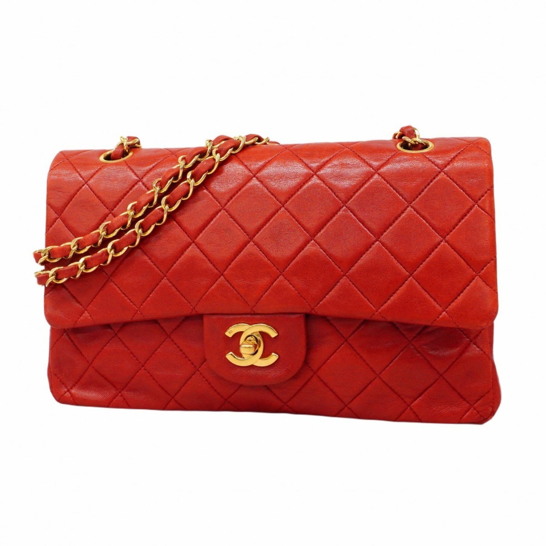 Chanel Matelasse Shoulder Bag with Double Flap and Chain, Lambskin, Red, Women's