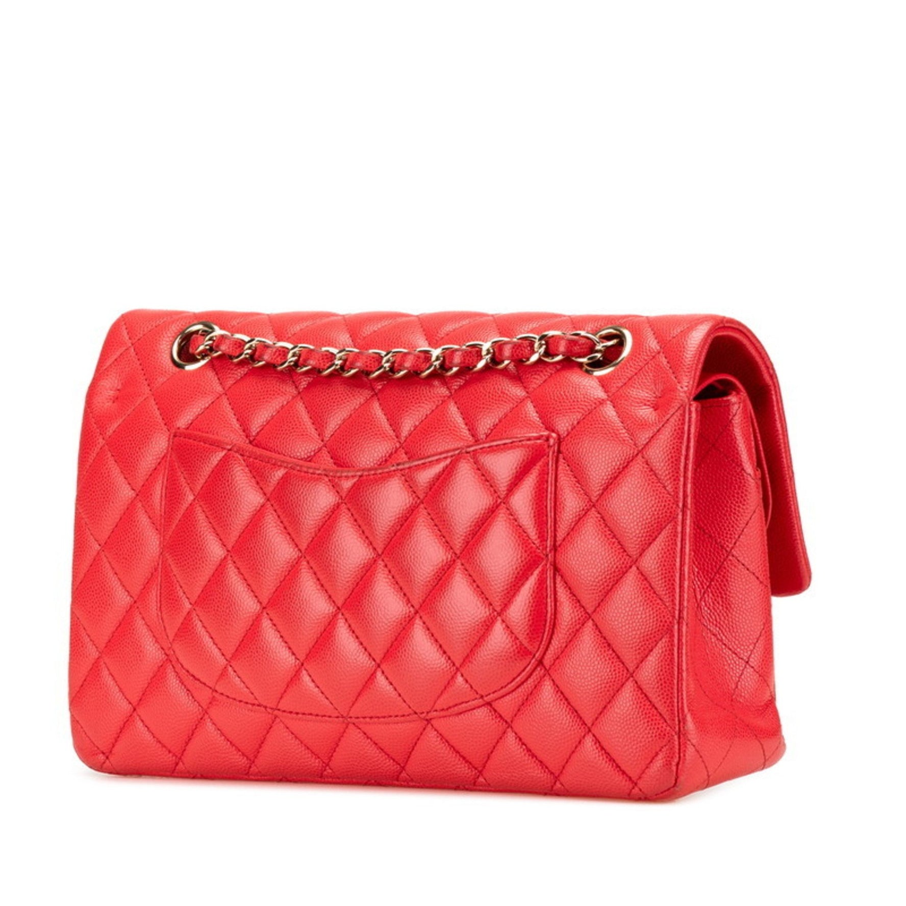 CHANEL Coco Mark Matelasse 25 Double Flap Chain Shoulder Bag in Red Caviar Skin