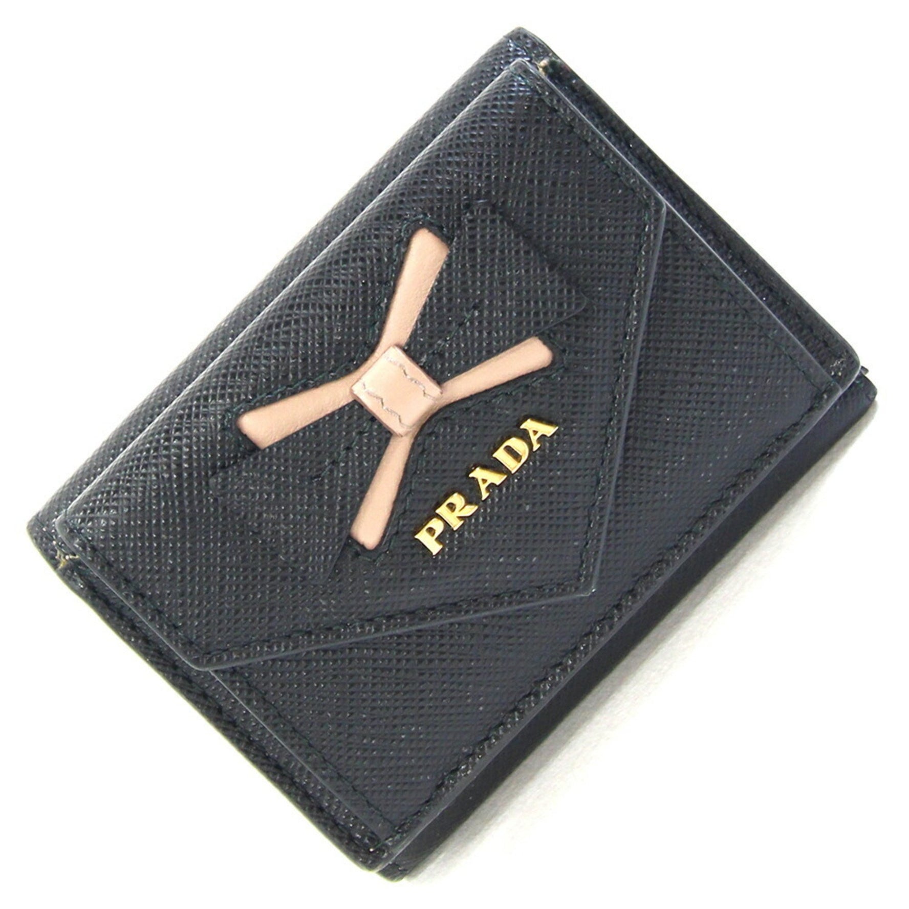 Prada Tri-fold Wallet Black Beige Leather Compact Mini with Ribbon