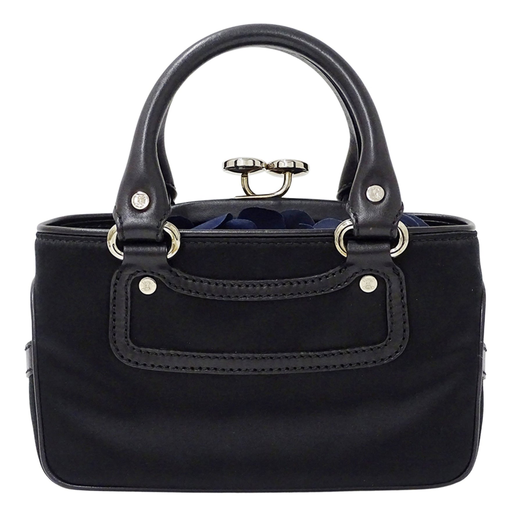 Celine Mini Boogie Bag, a designer handbag in satin and leather with clasp pouch.