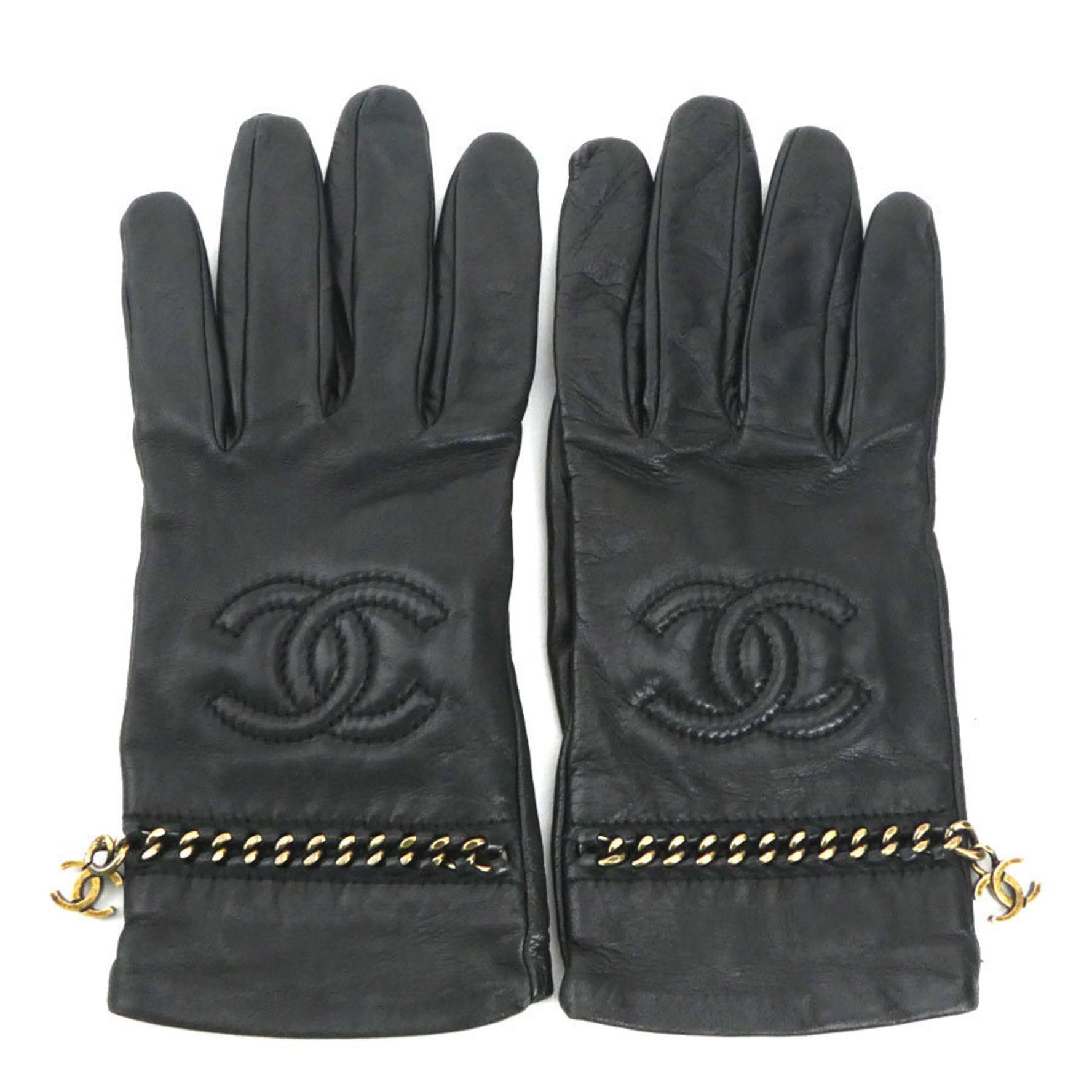 CHANEL Coco Mark Gloves Leather Metal Black Gold Women's e59941m