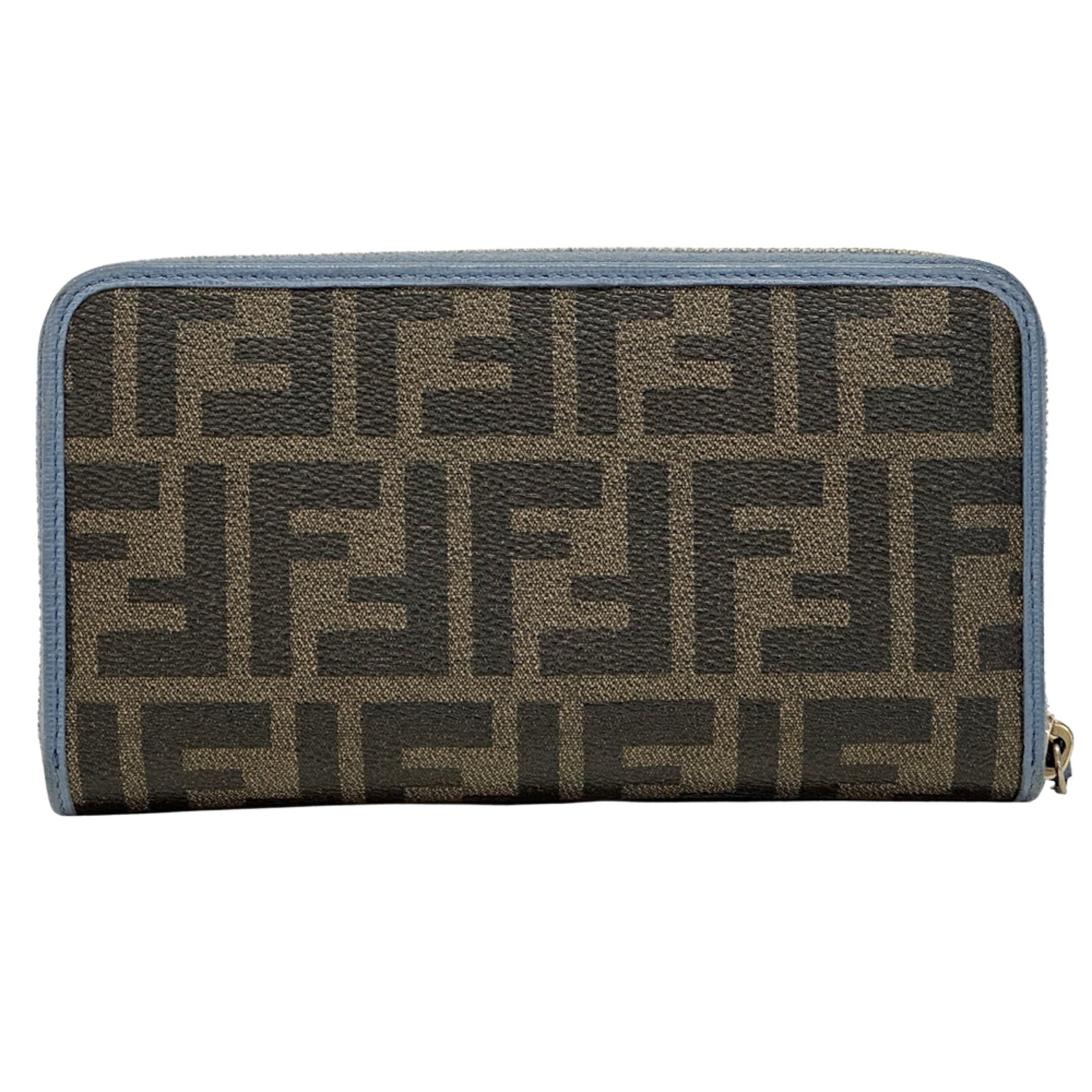 Fendi Zucca long wallet made of PVC in brown blue with a round zipper logo.