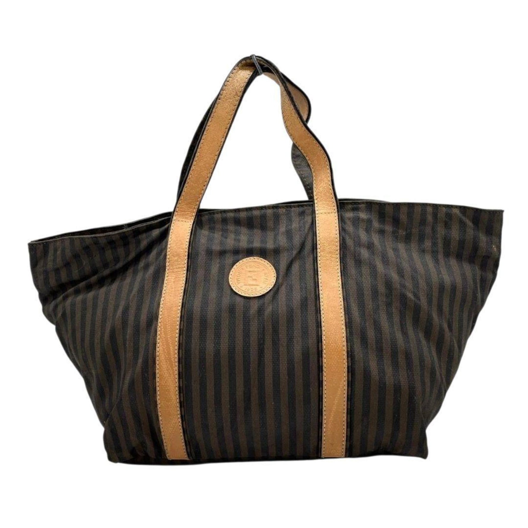 Fendi Pecan Striped Tote Bag in Canvas and Leather.