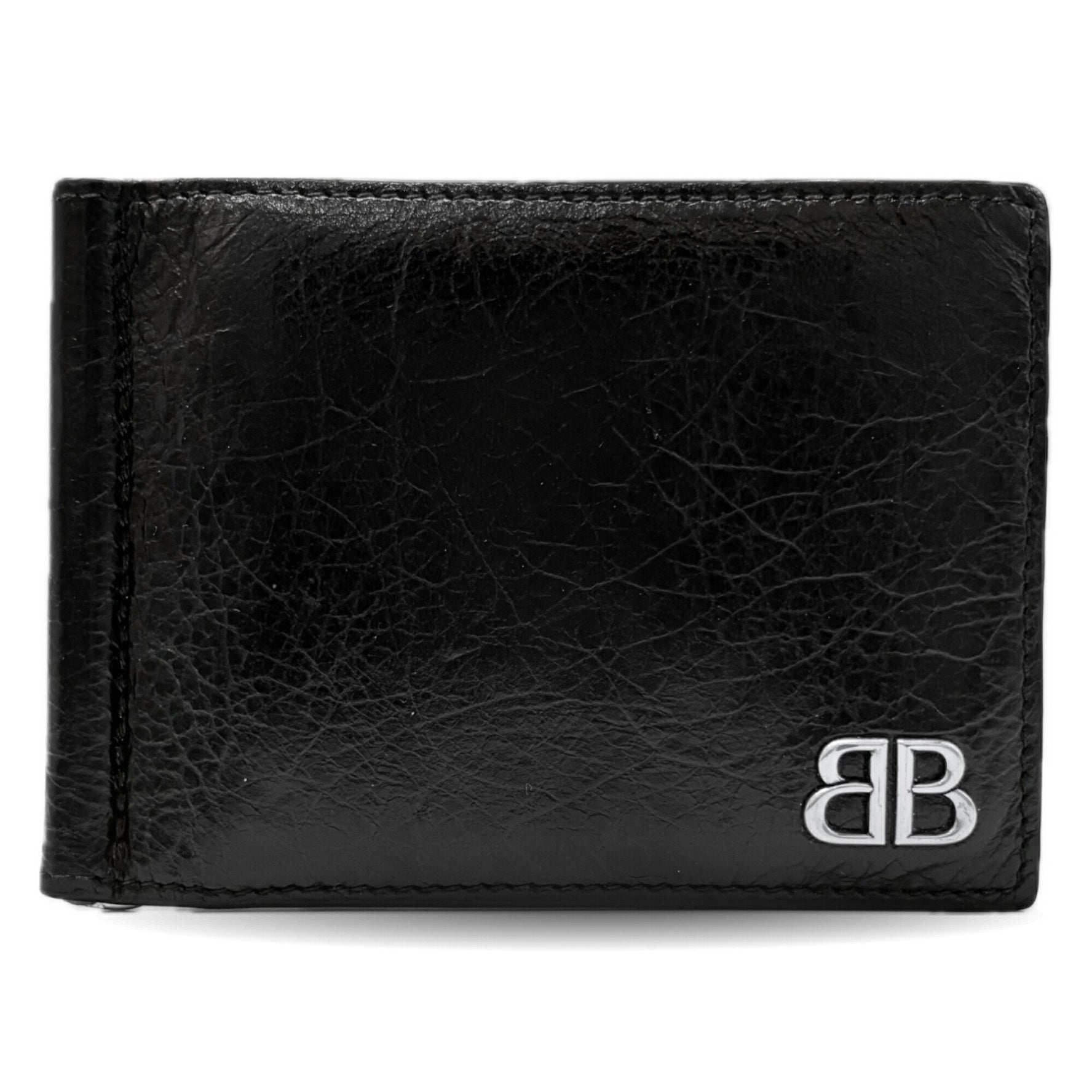 Balenciaga Monaco BB Money Clip Men's Black Lambskin Leather Bifold Wallet, 2024SS,