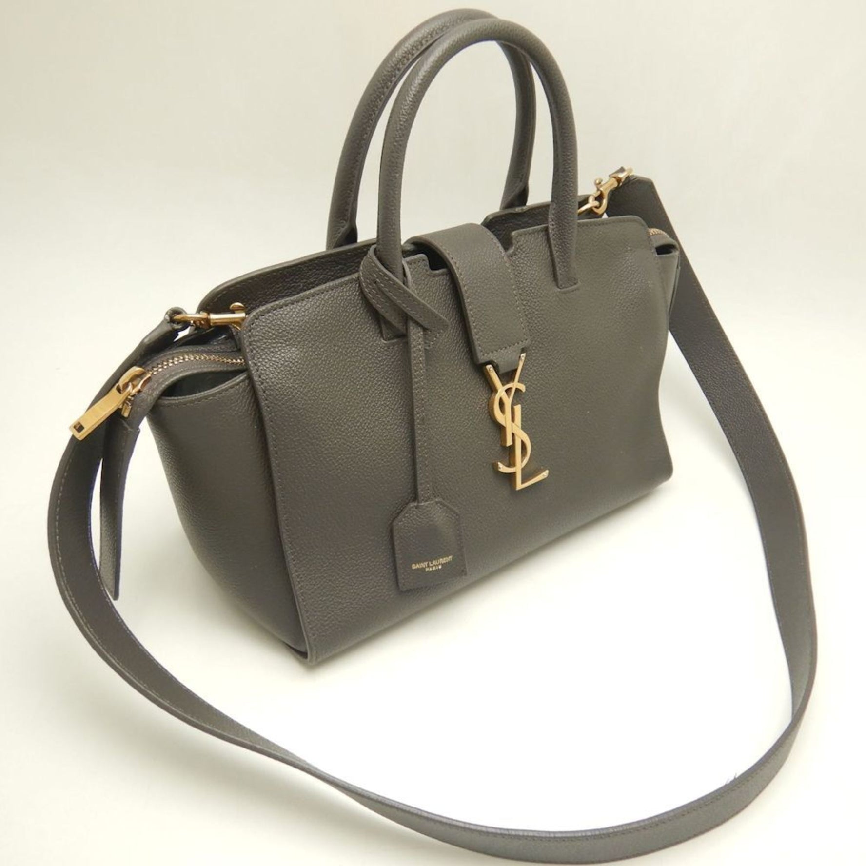 SAINT LAURENT Downtown Baby Cabas Handbag Grained Leather Grey