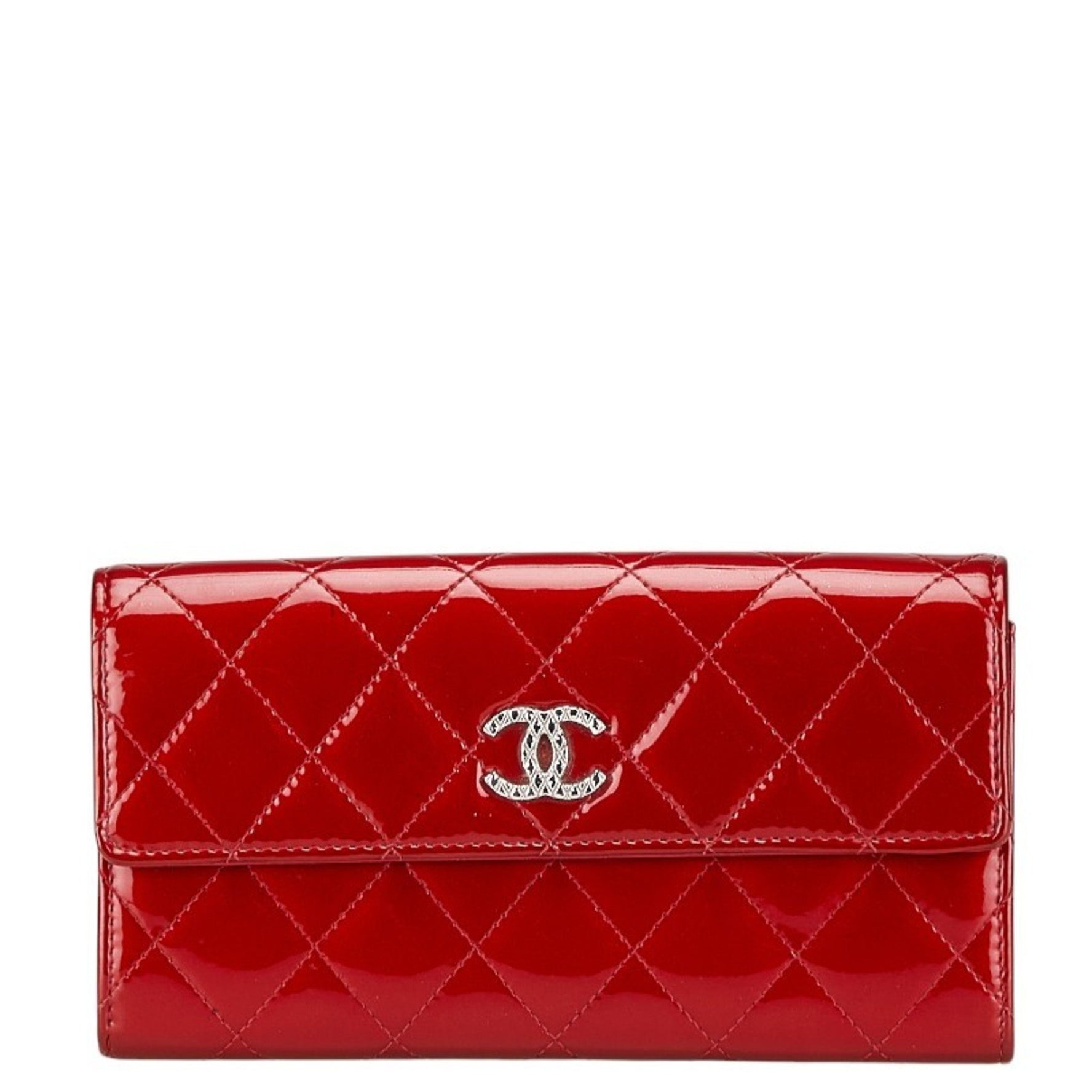 CHANEL Coco Mark Matelasse Long Wallet Red Patent Leather
