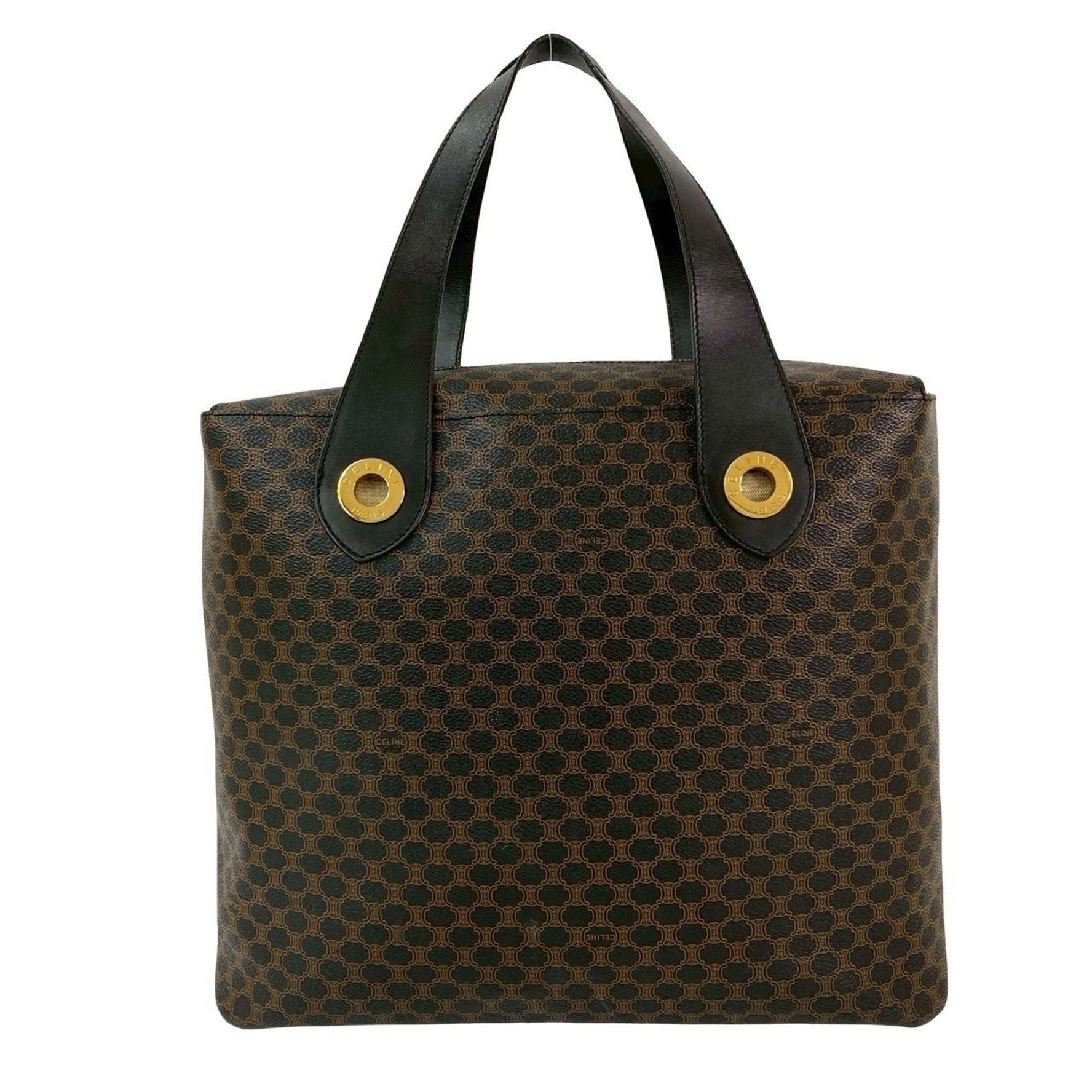 CELINE Macadam Blason Triomphe Pattern Circle Logo Hardware Leather Handbag Tote Bag Black