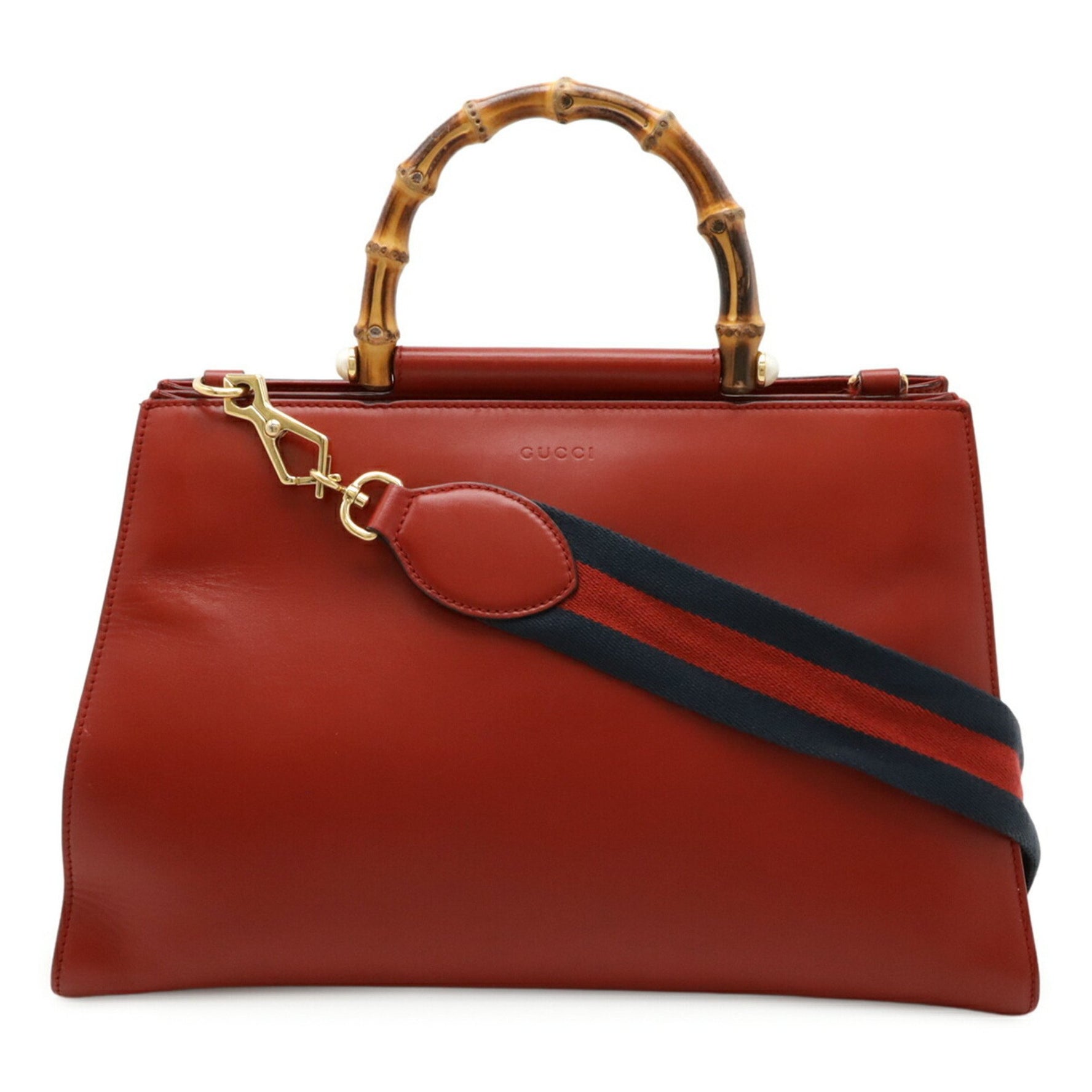 GUCCI Nimfair Bamboo Handbag Shoulder Bag Leather Faux Pearl Red