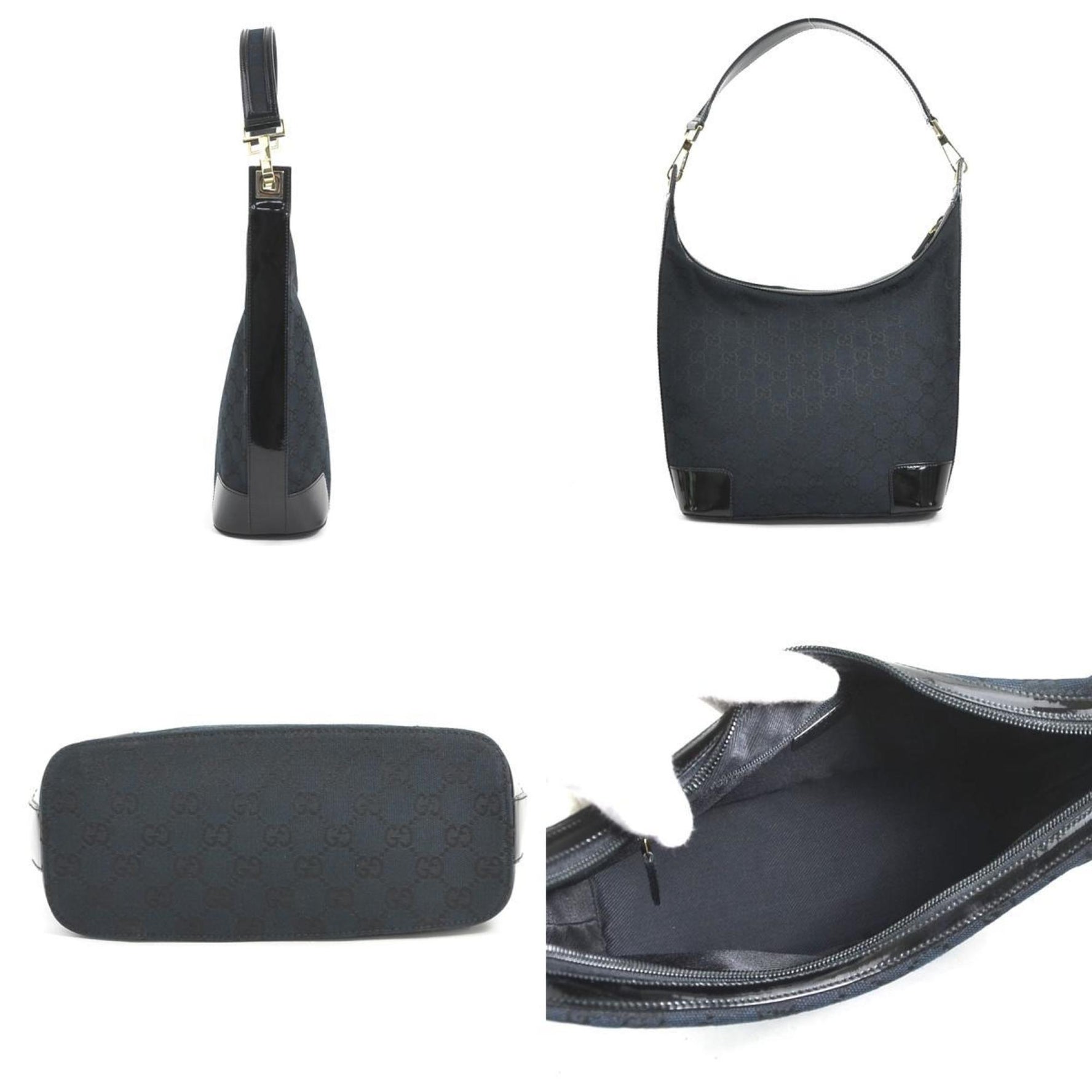 GUCCI Shoulder Bag GG Canvas Patent Leather Gold