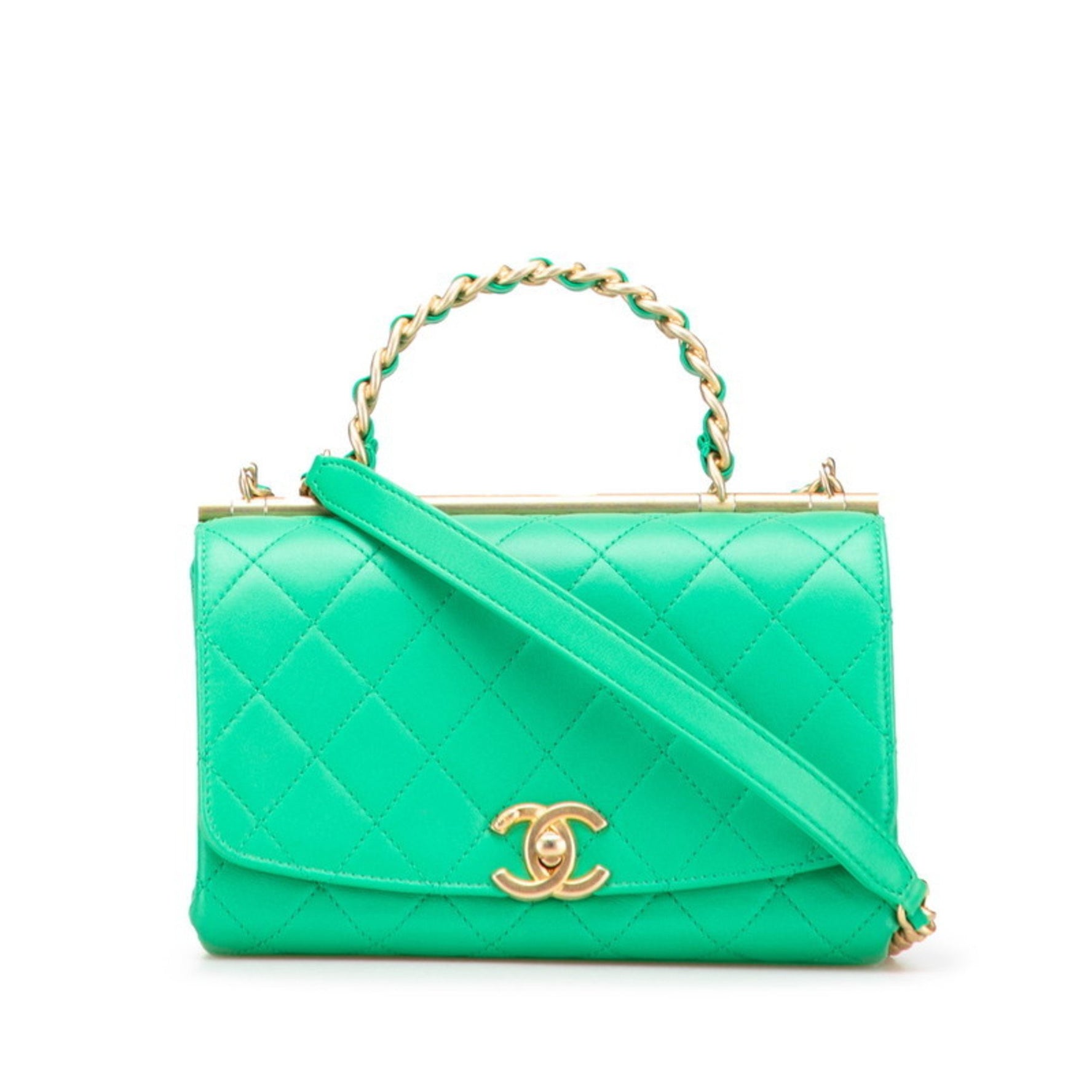 CHANEL Matelasse Coco Mark Top Handle Shoulder Bag Tote Green Gold Lambskin