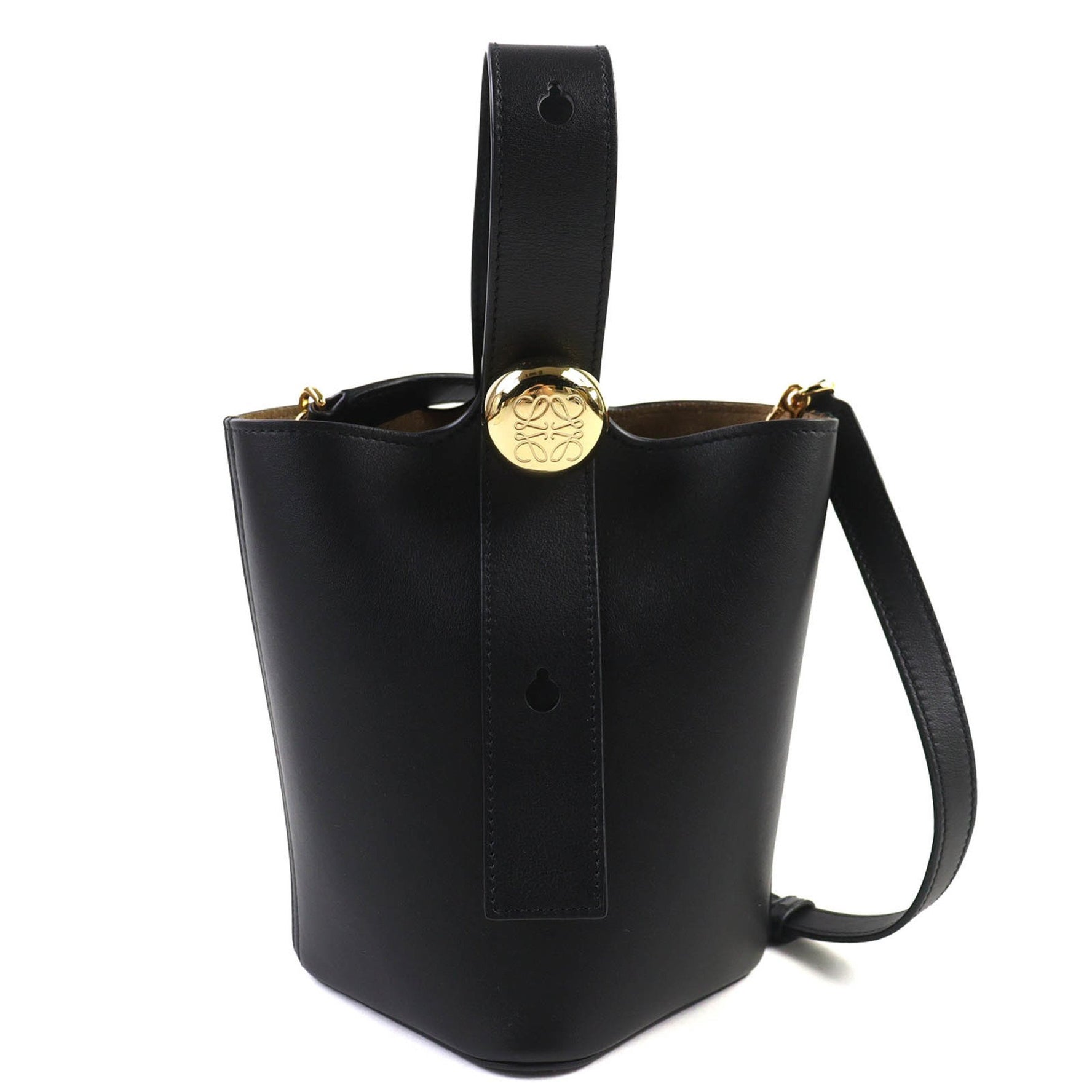 LOEWE Pebble Mini Bucket Bag in Smooth Calf with Anagram Hardware, Handbag/Shoulder Bag, Gold Includes Dust Made Spain