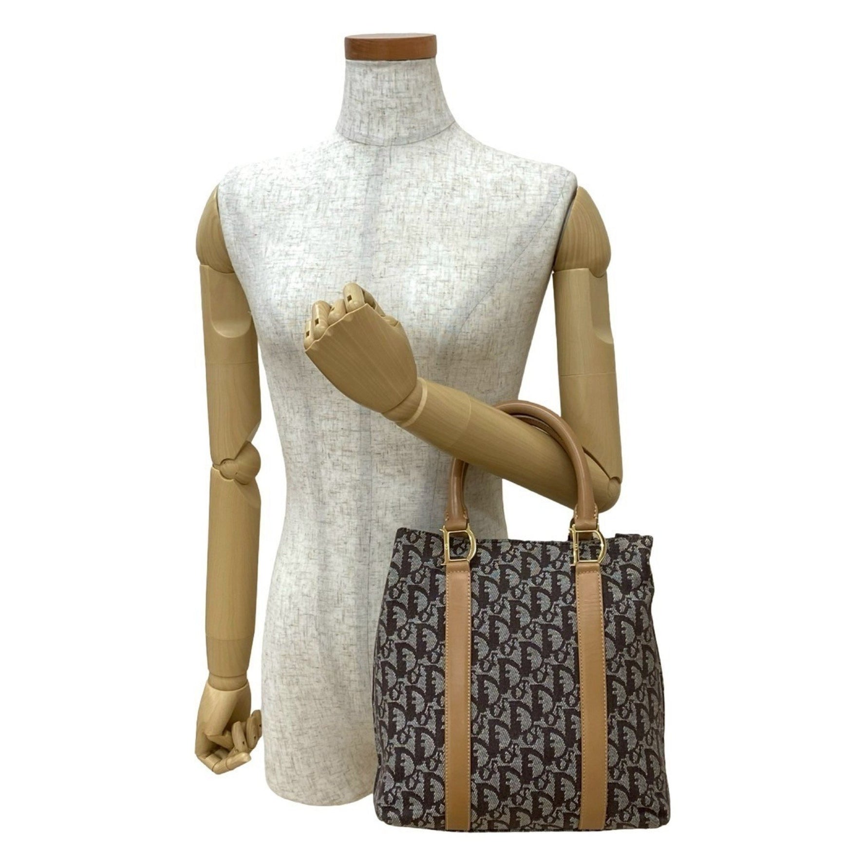 Christian Dior Trotter Pattern Leather Canvas Handbag Brown