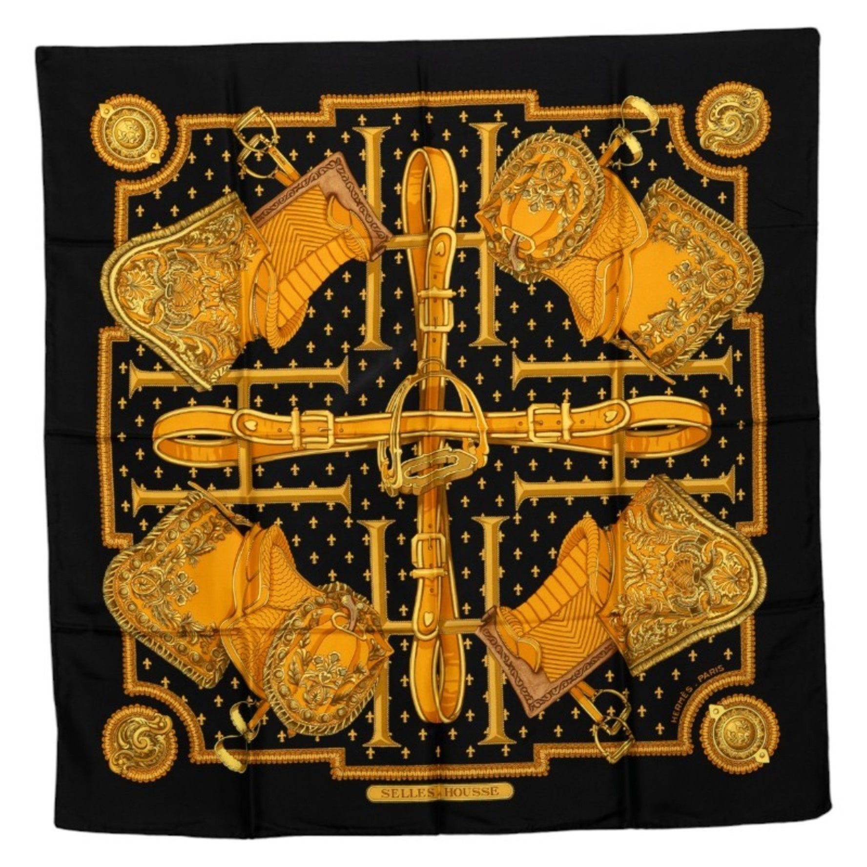 Hermes Hermès Carré 90 SELLES A HOUSSE Cover Scarf in Black and Multicolor Silk